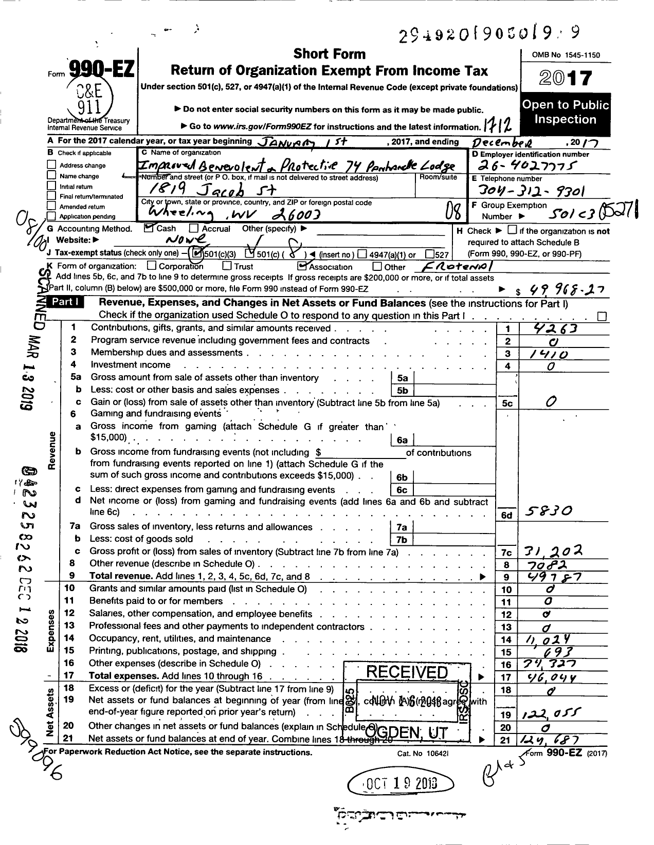 Image of first page of 2017 Form 990EO for Improved Benevolent and Protective Order of Elks of the World - 74 Panhandle Lodge