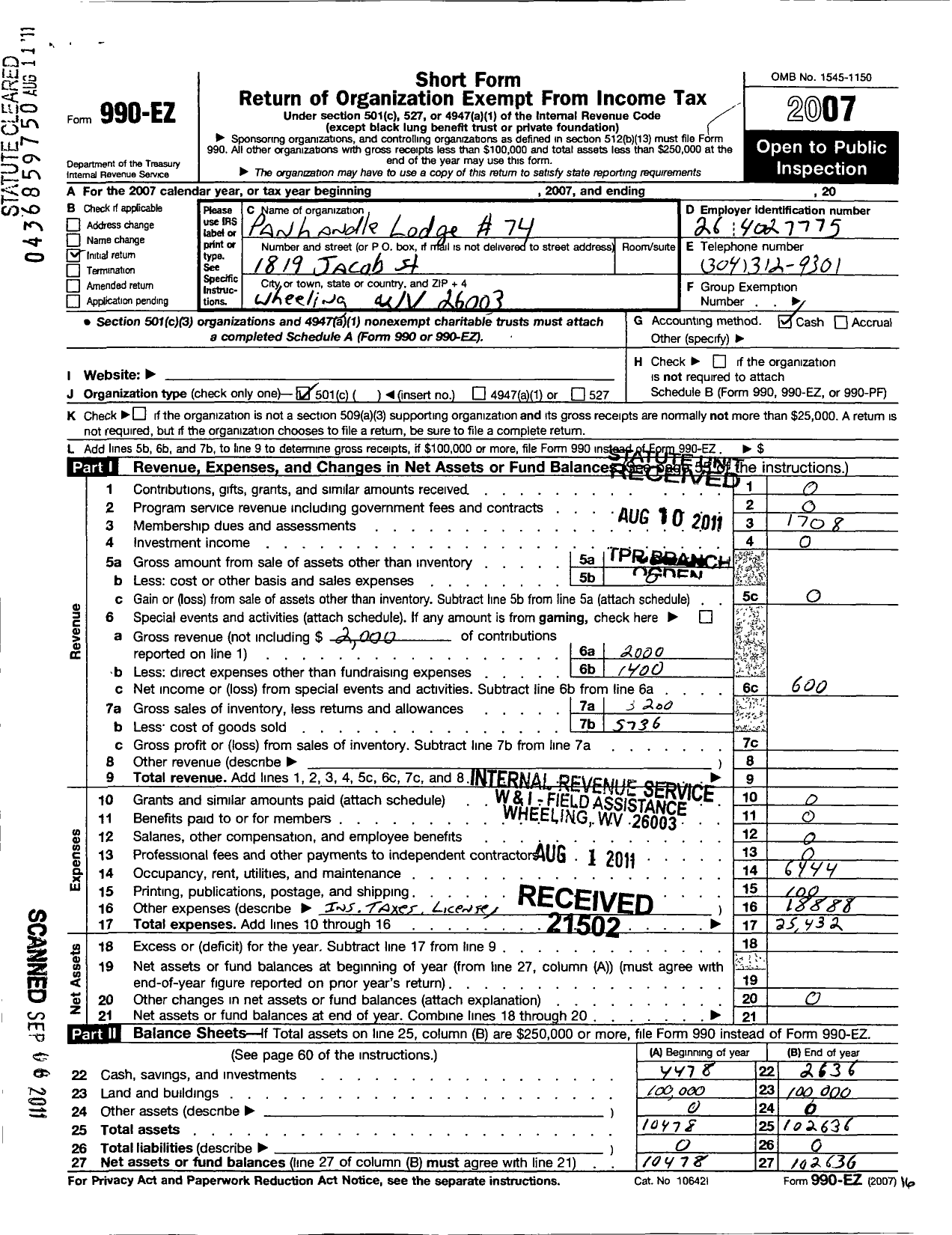 Image of first page of 2007 Form 990EO for Improved Benevolent and Protective Order of Elks of the World - 74 Panhandle Lodge