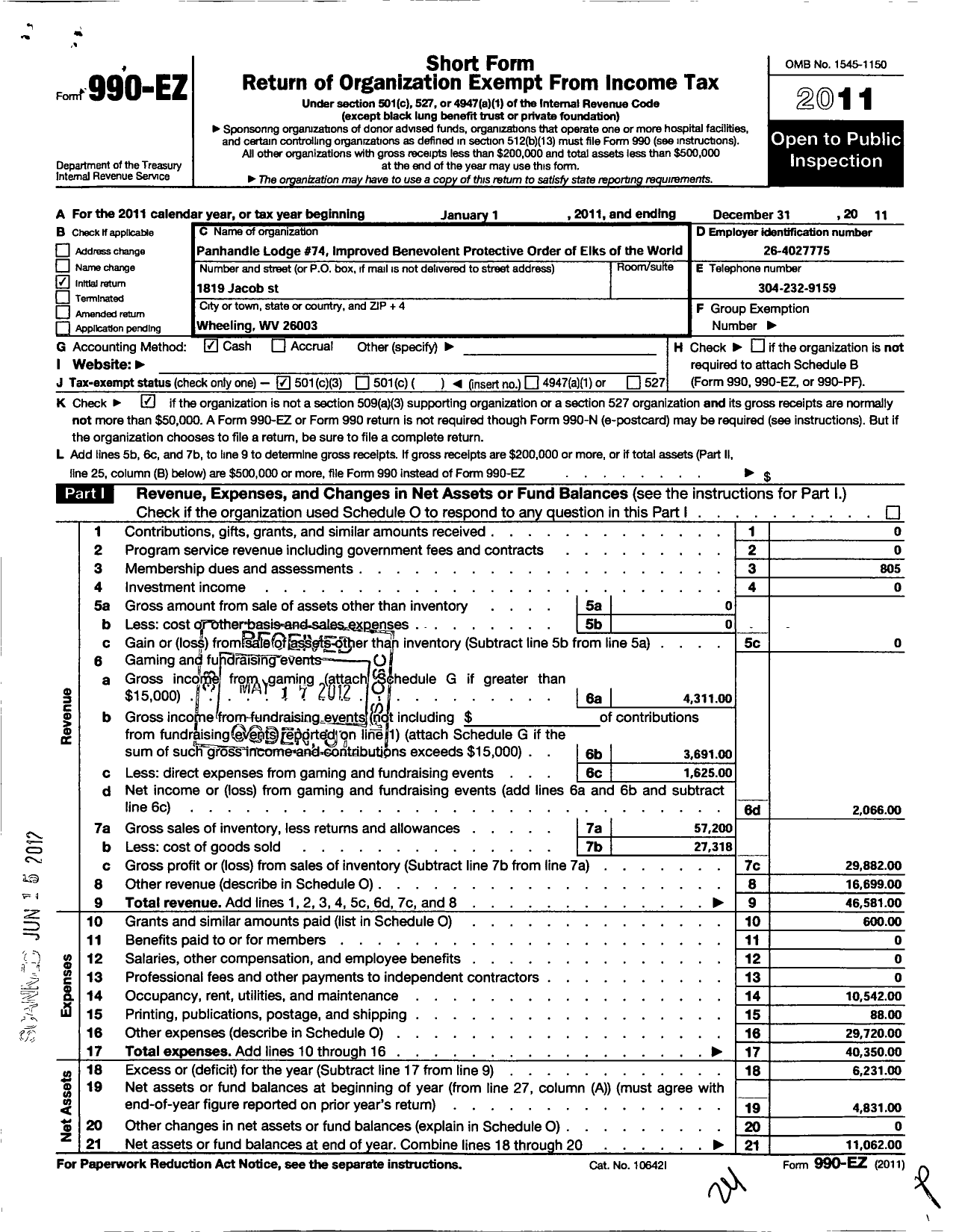 Image of first page of 2011 Form 990EZ for Improved Benevolent and Protective Order of Elks of the World - 74 Panhandle Lodge