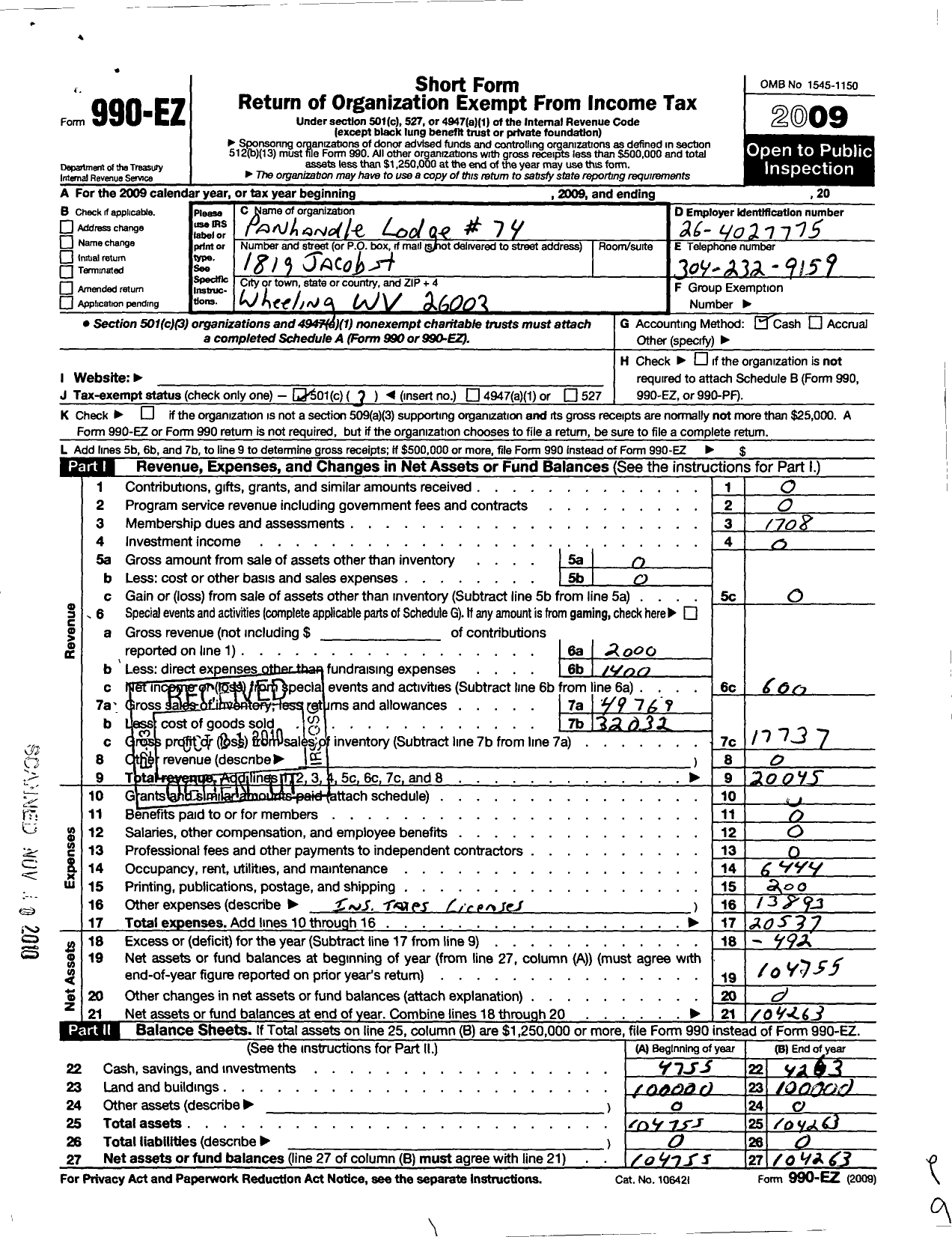 Image of first page of 2009 Form 990EZ for Improved Benevolent and Protective Order of Elks of the World - 74 Panhandle Lodge