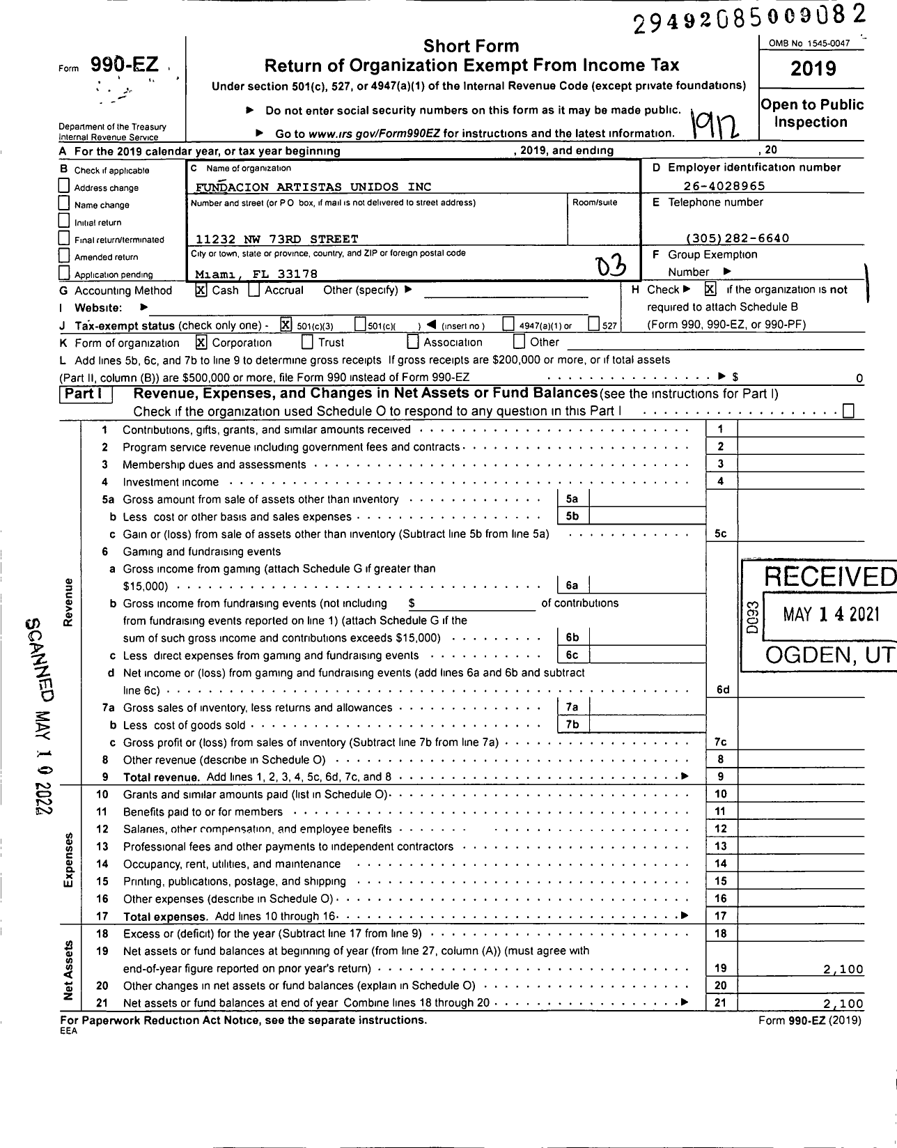 Image of first page of 2019 Form 990EZ for Fundacion Artistas Unidos