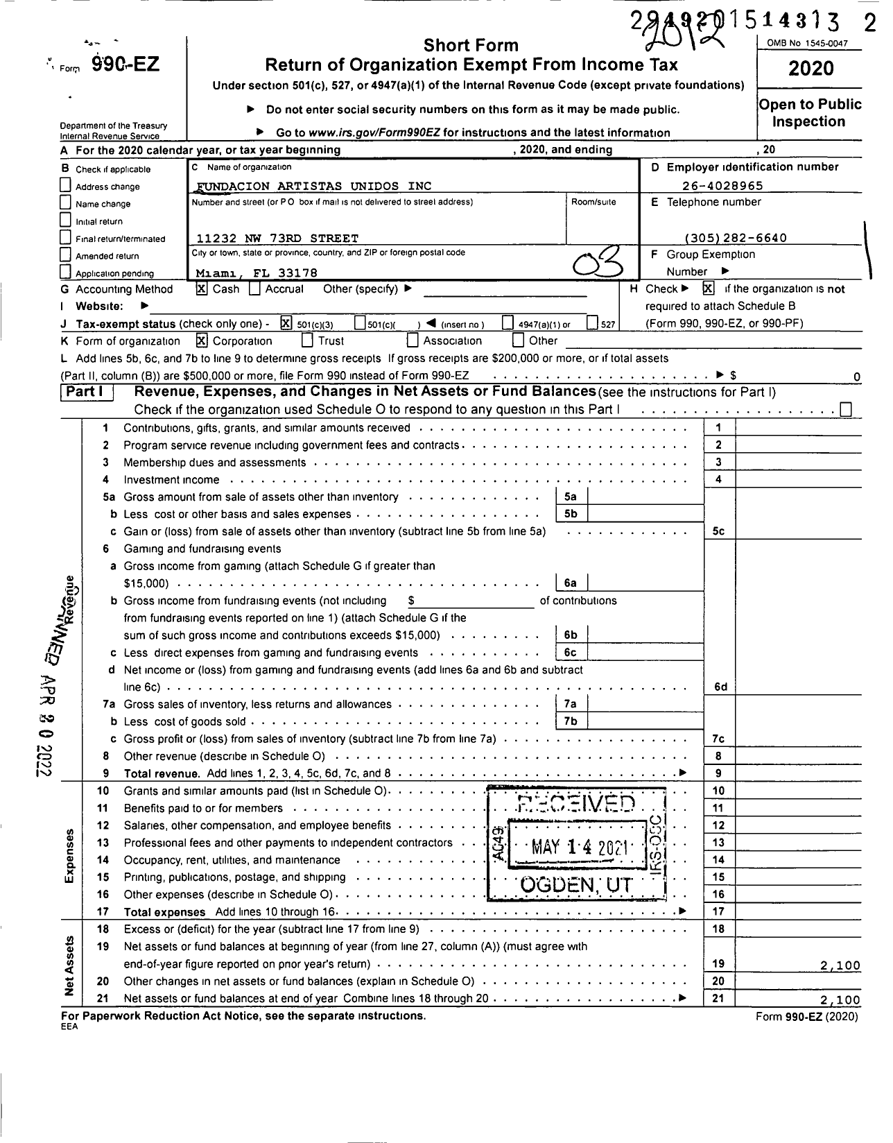 Image of first page of 2020 Form 990EZ for Fundacion Artistas Unidos