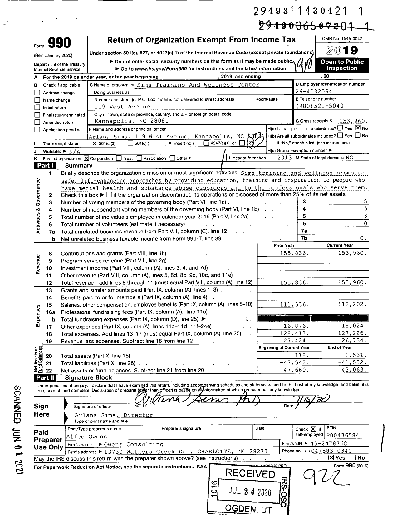 Image of first page of 2019 Form 990 for Sims Training And Wellness Center