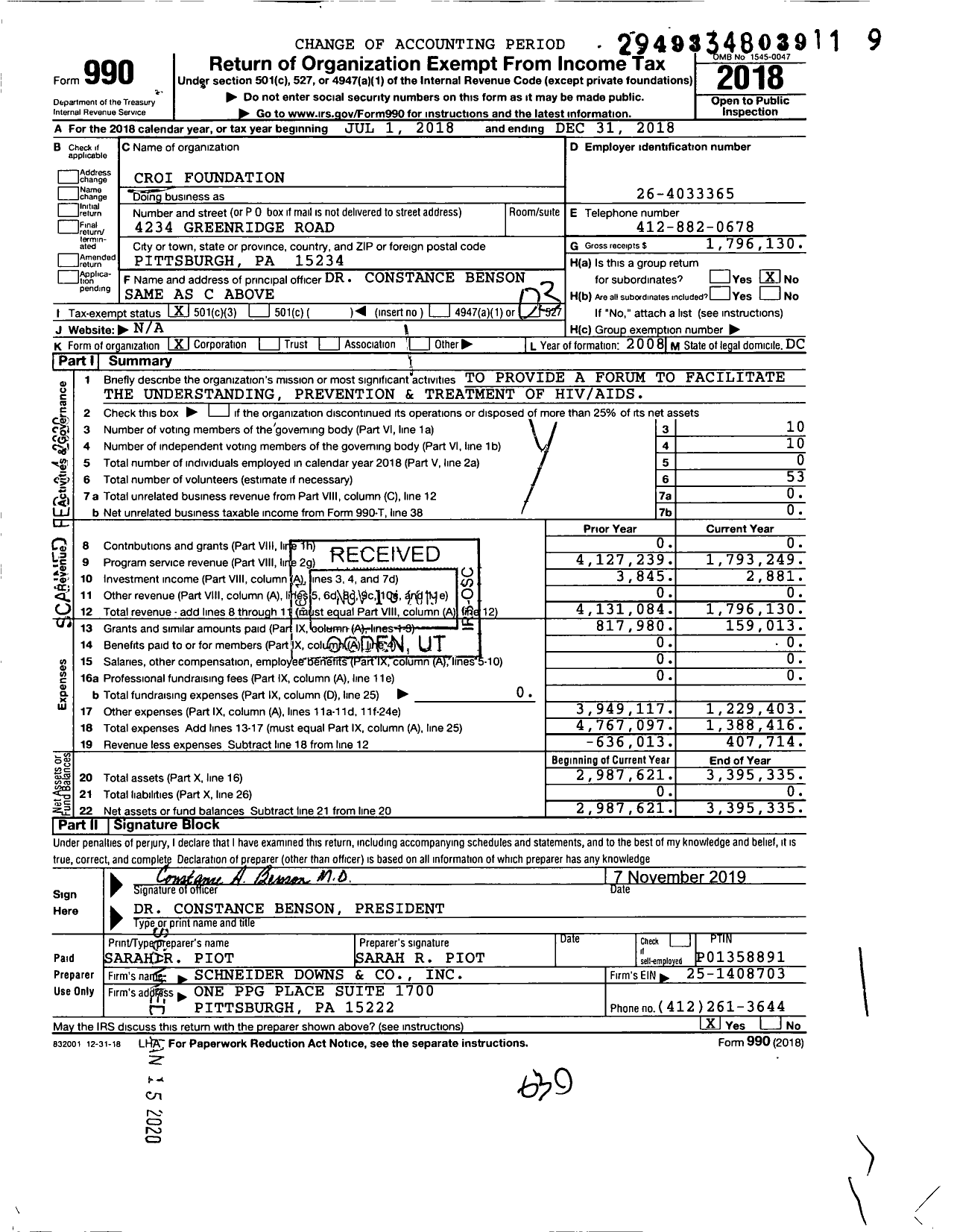 Image of first page of 2018 Form 990 for Croi Foundation