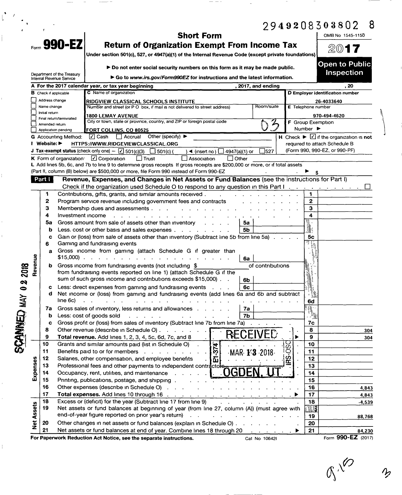 Image of first page of 2017 Form 990EZ for Ridgeview Classical Schools Institute