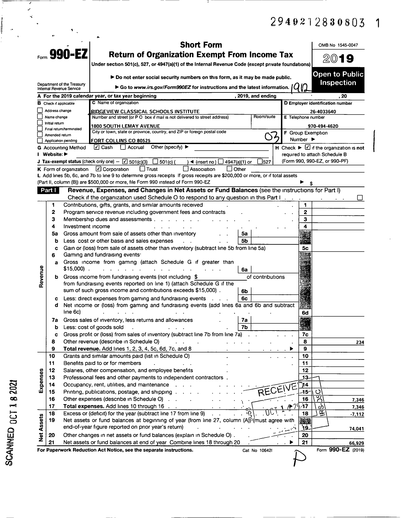 Image of first page of 2019 Form 990EZ for Ridgeview Classical Schools Institute