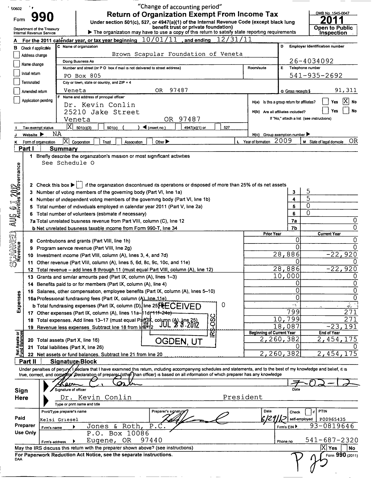 Image of first page of 2011 Form 990 for Brown Scapular Foundation of Veneta