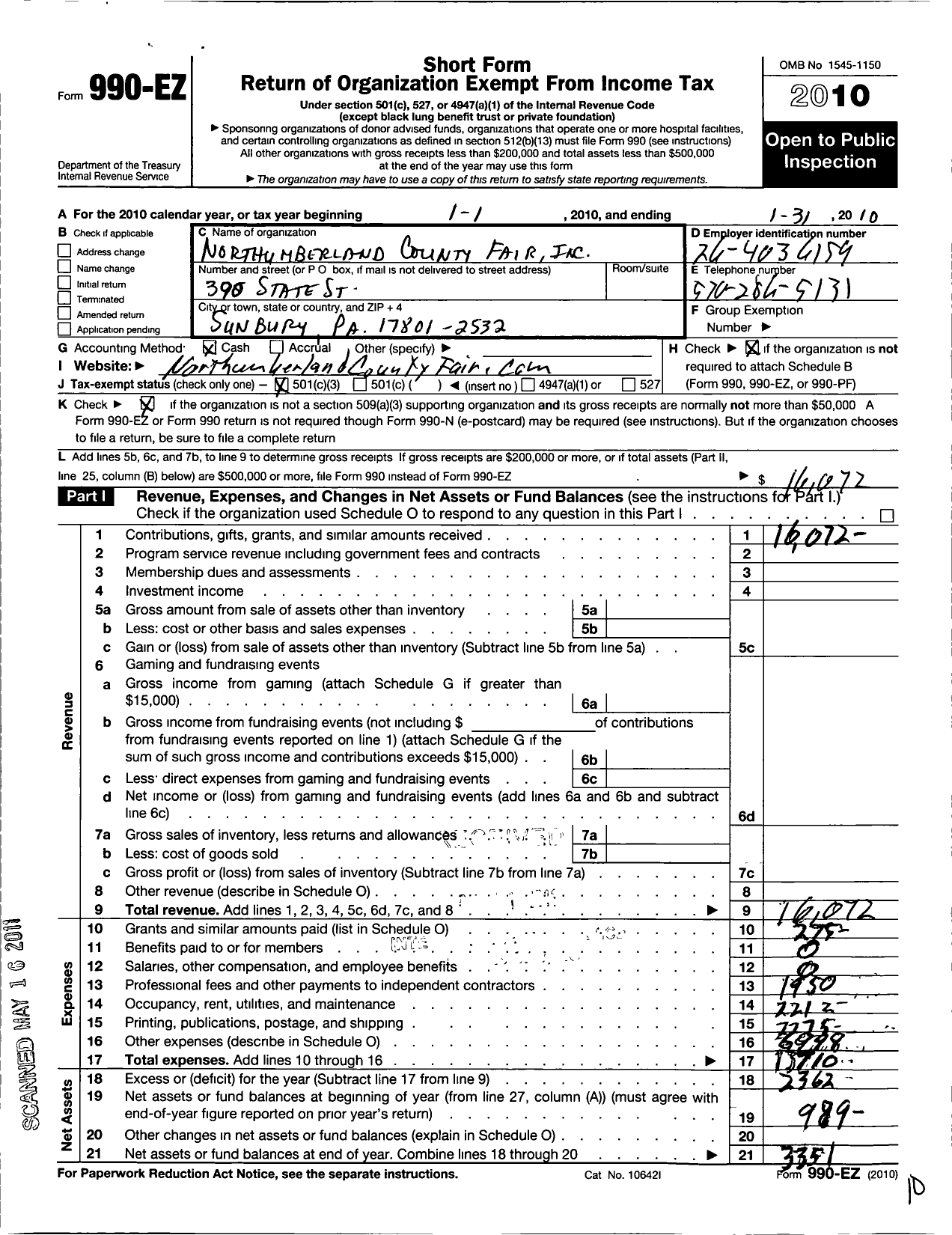 Image of first page of 2009 Form 990EZ for Northumberland County Fair Pa Association of State and County Fairs