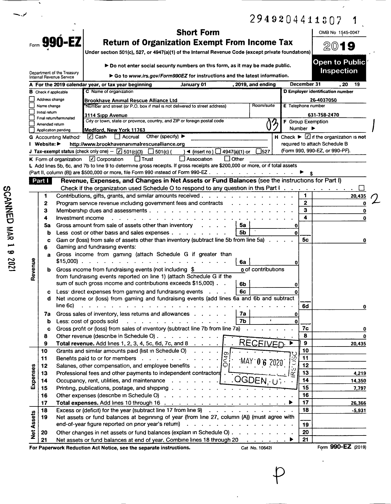 Image of first page of 2019 Form 990EZ for Brookhaven Animal Rescue Alliance