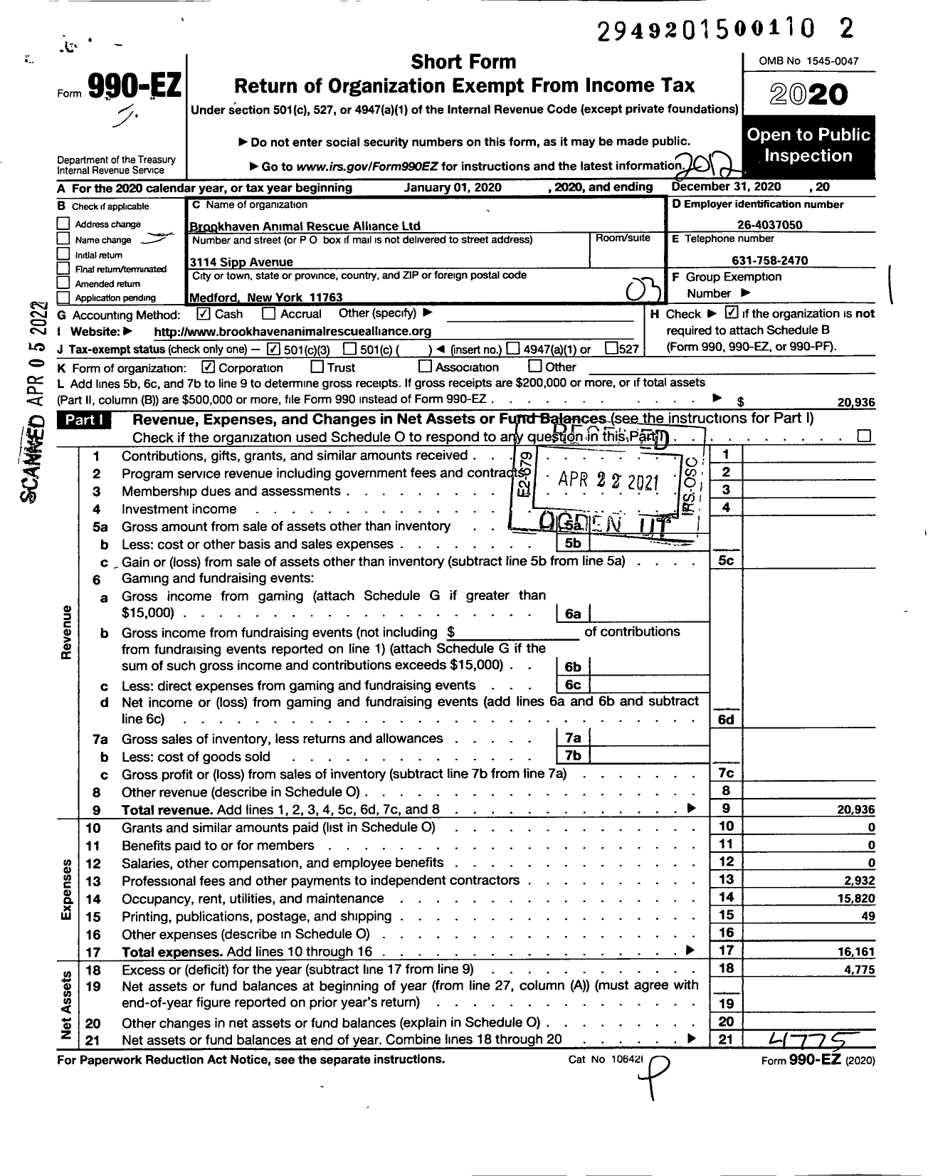 Image of first page of 2020 Form 990EZ for Brookhaven Animal Rescue Alliance