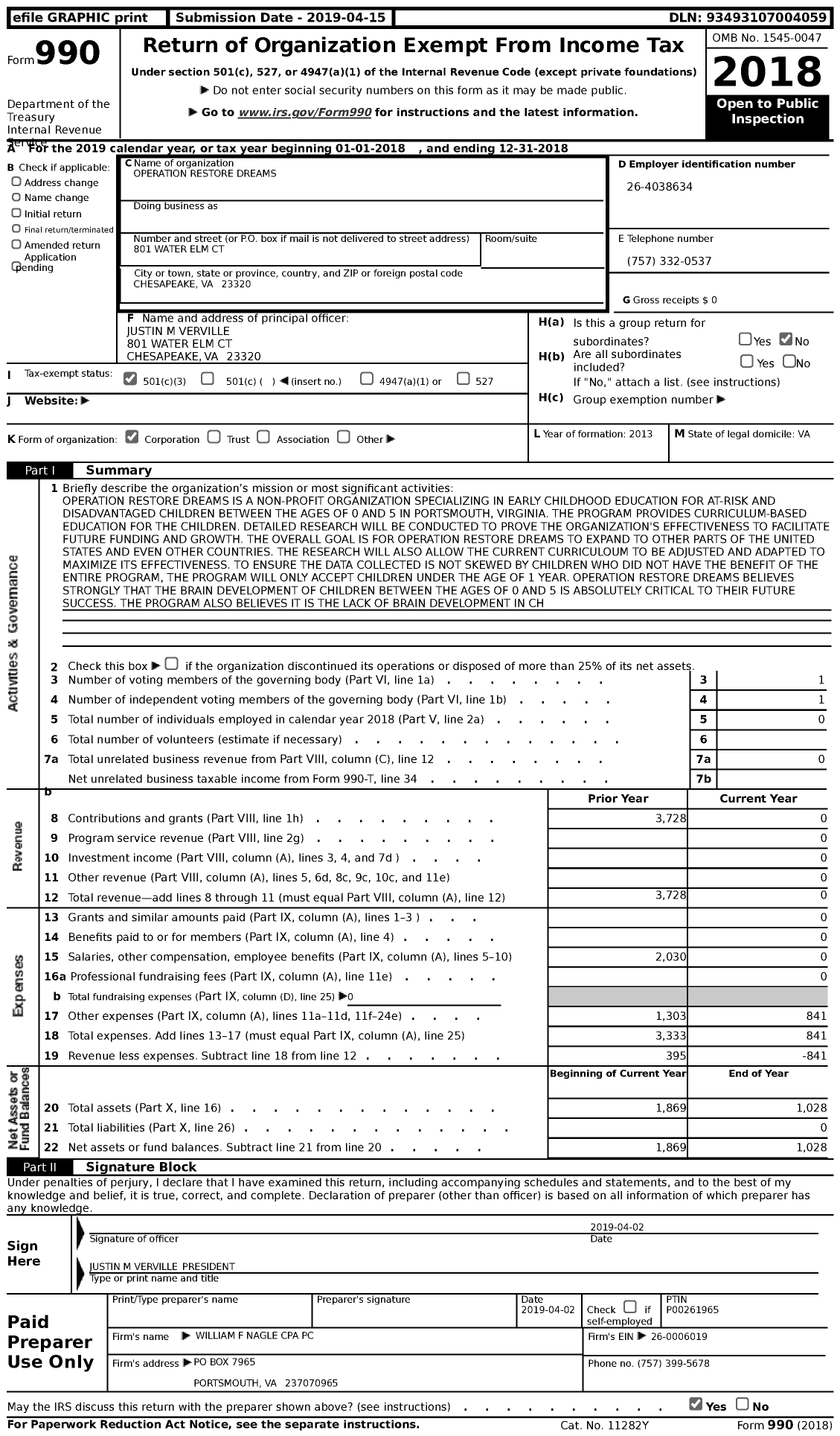 Image of first page of 2018 Form 990 for Operation Restore Dreams