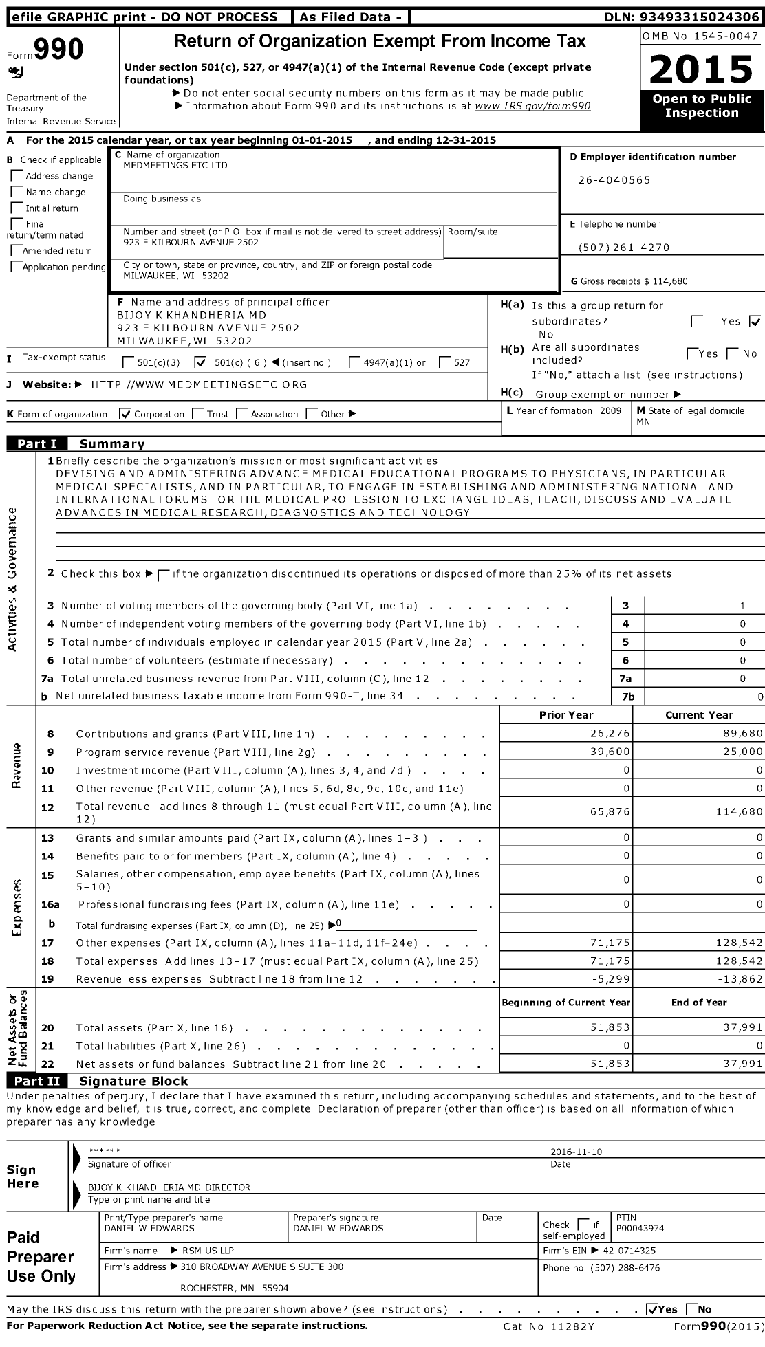 Image of first page of 2015 Form 990O for Medmeetings Etc