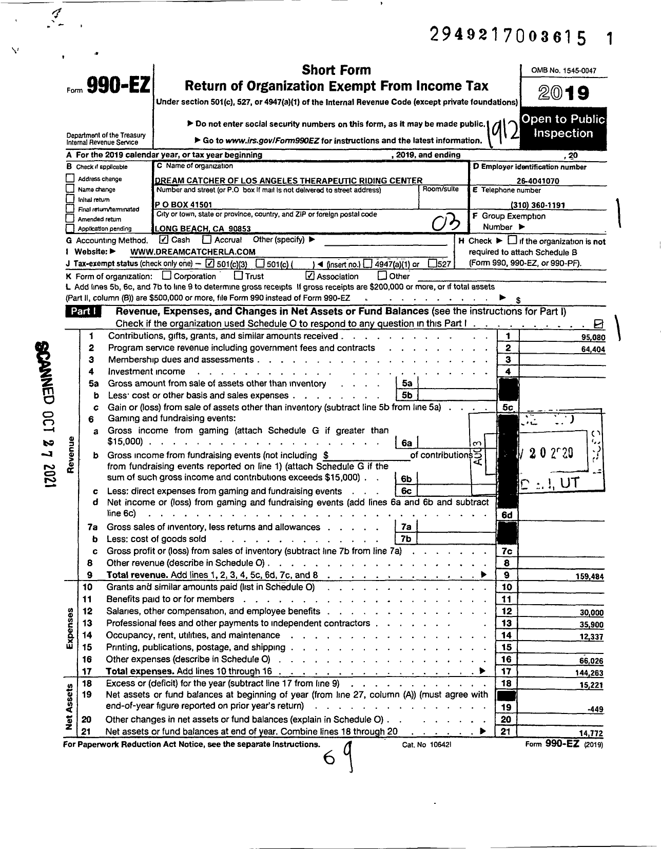 Image of first page of 2019 Form 990EZ for Dreamcatcher of Los Angeles Therapeutic Riding Centers