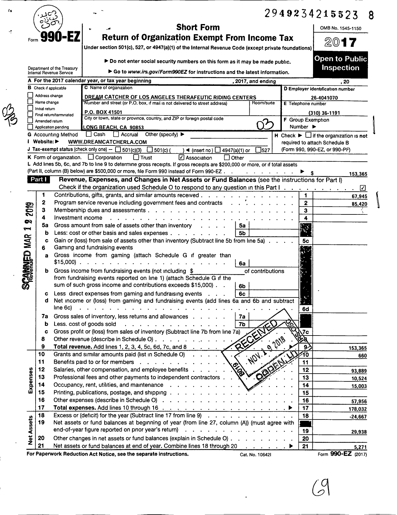 Image of first page of 2017 Form 990EZ for Dreamcatcher of Los Angeles Therapeutic Riding Centers