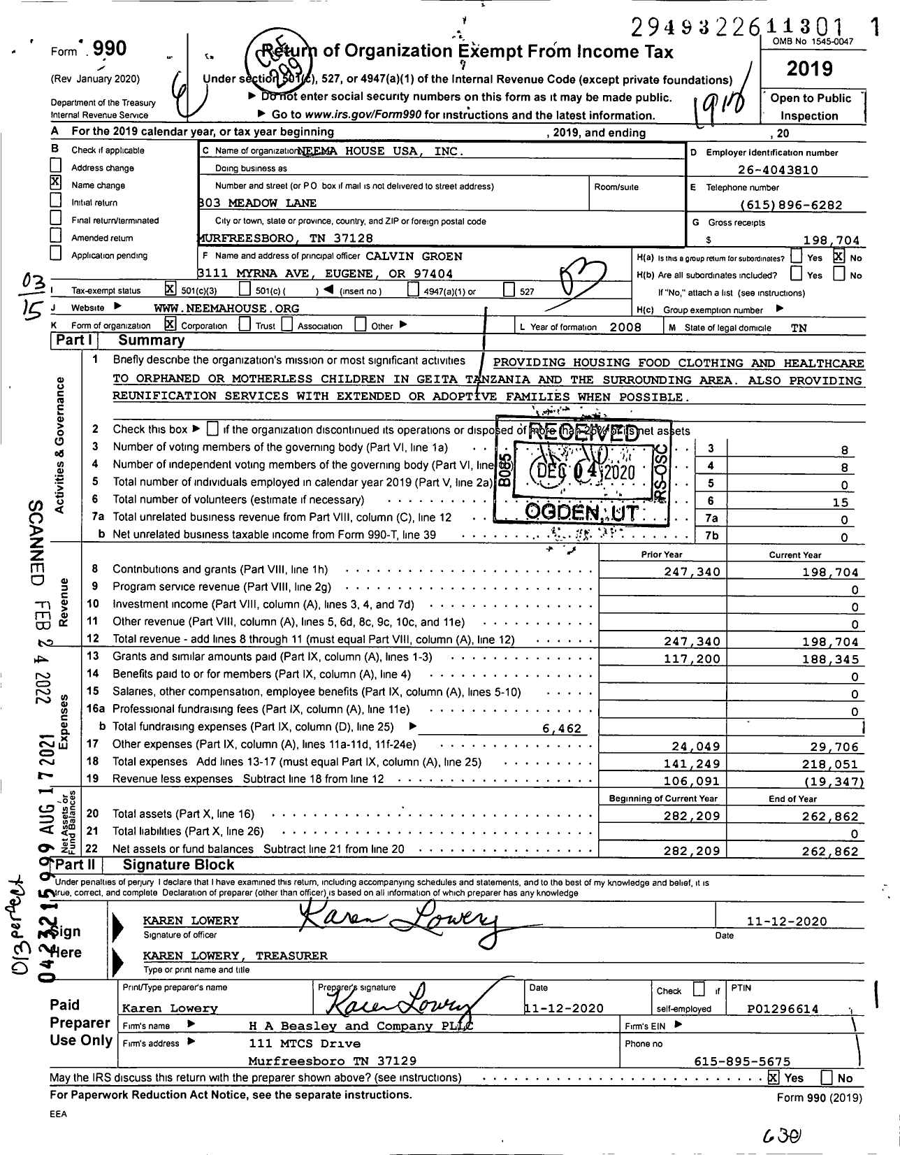 Image of first page of 2019 Form 990 for Neema House USA