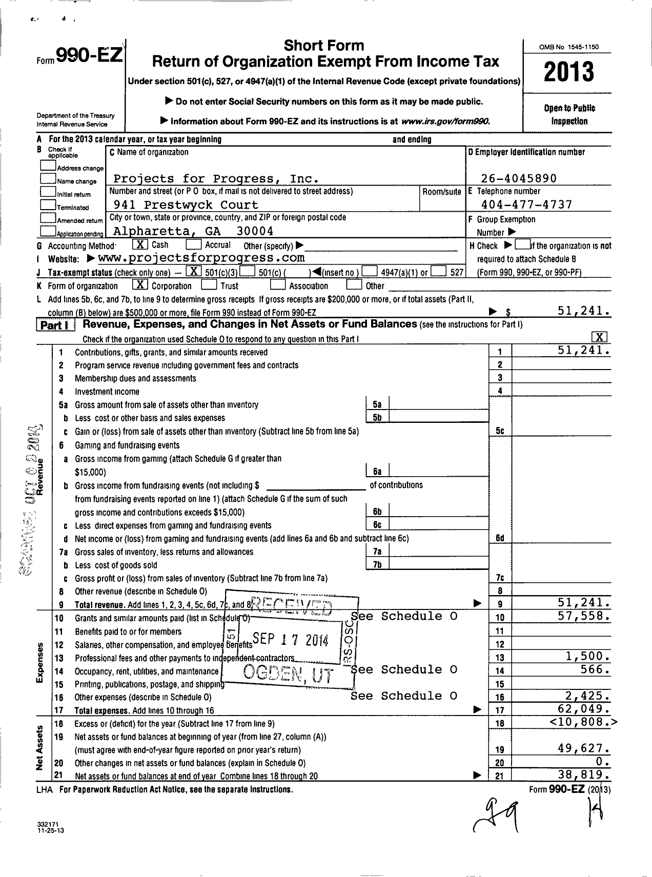 Image of first page of 2013 Form 990EZ for Projects for Progress