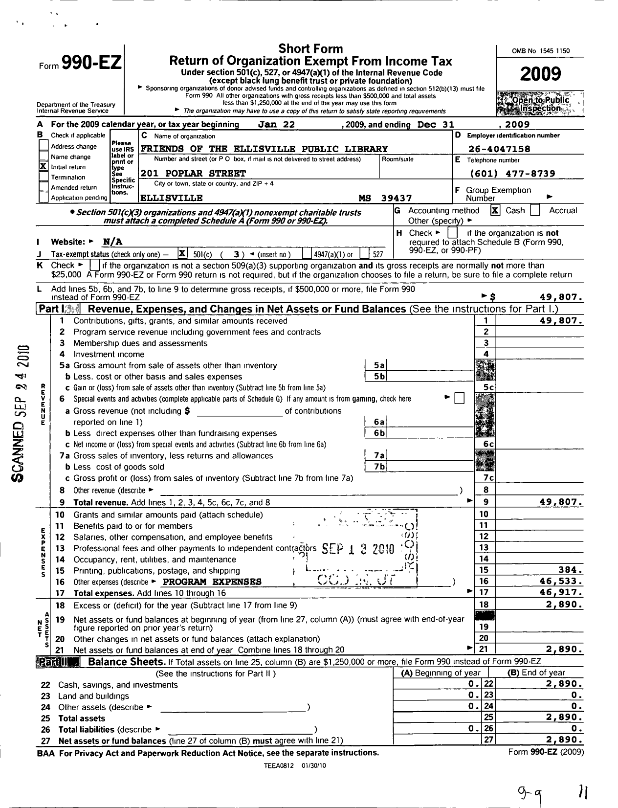 Image of first page of 2009 Form 990EZ for Friends of Mississippi Library / Friends of Ellisville Public Librar