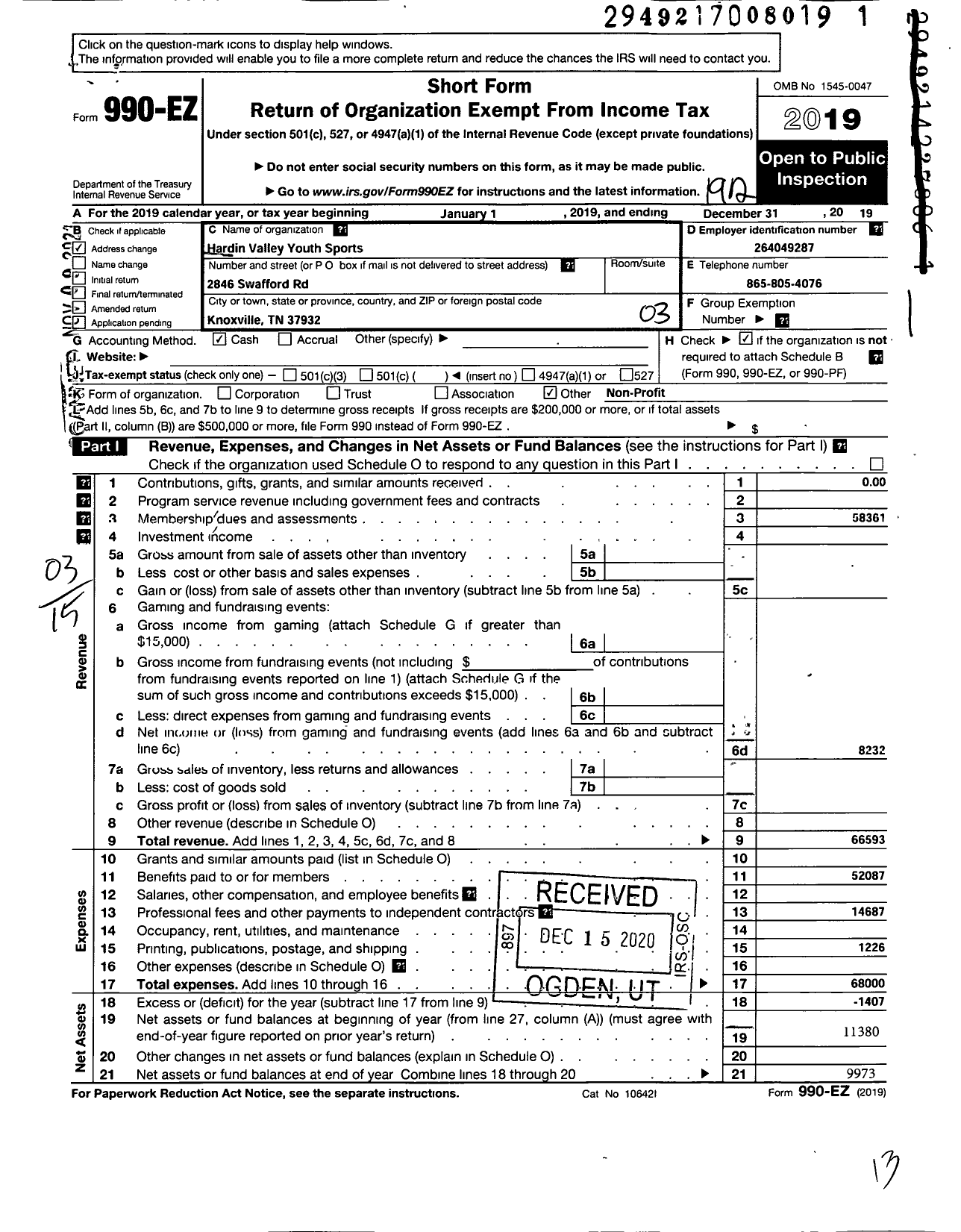 Image of first page of 2019 Form 990EZ for Hardin Valley Youth Sports