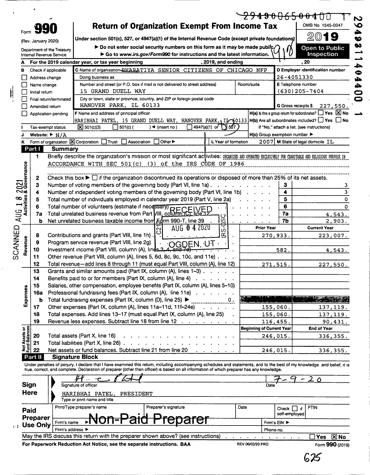 Image of first page of 2019 Form 990 for Bharatiya Senior Citizens of Chicago NFP