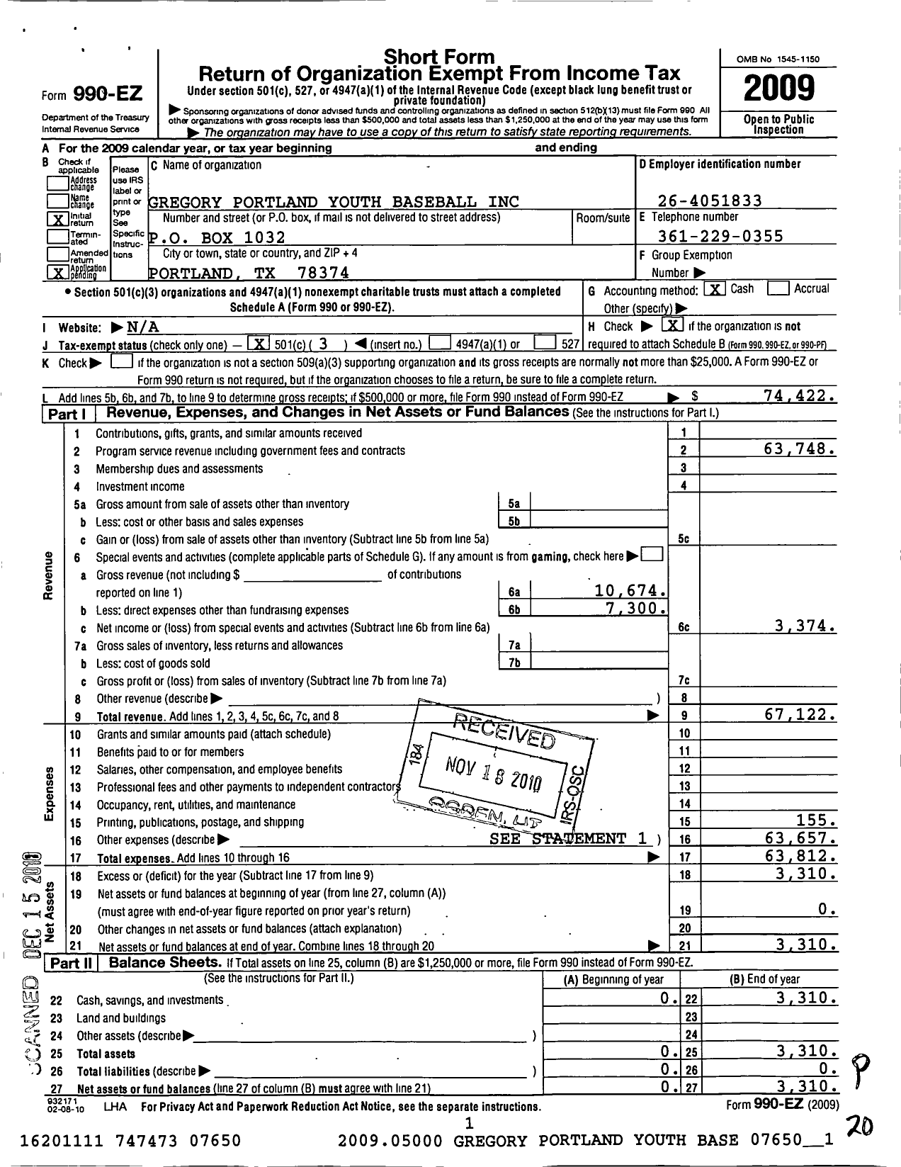 Image of first page of 2009 Form 990EZ for Gregory Portland Youth Baseball