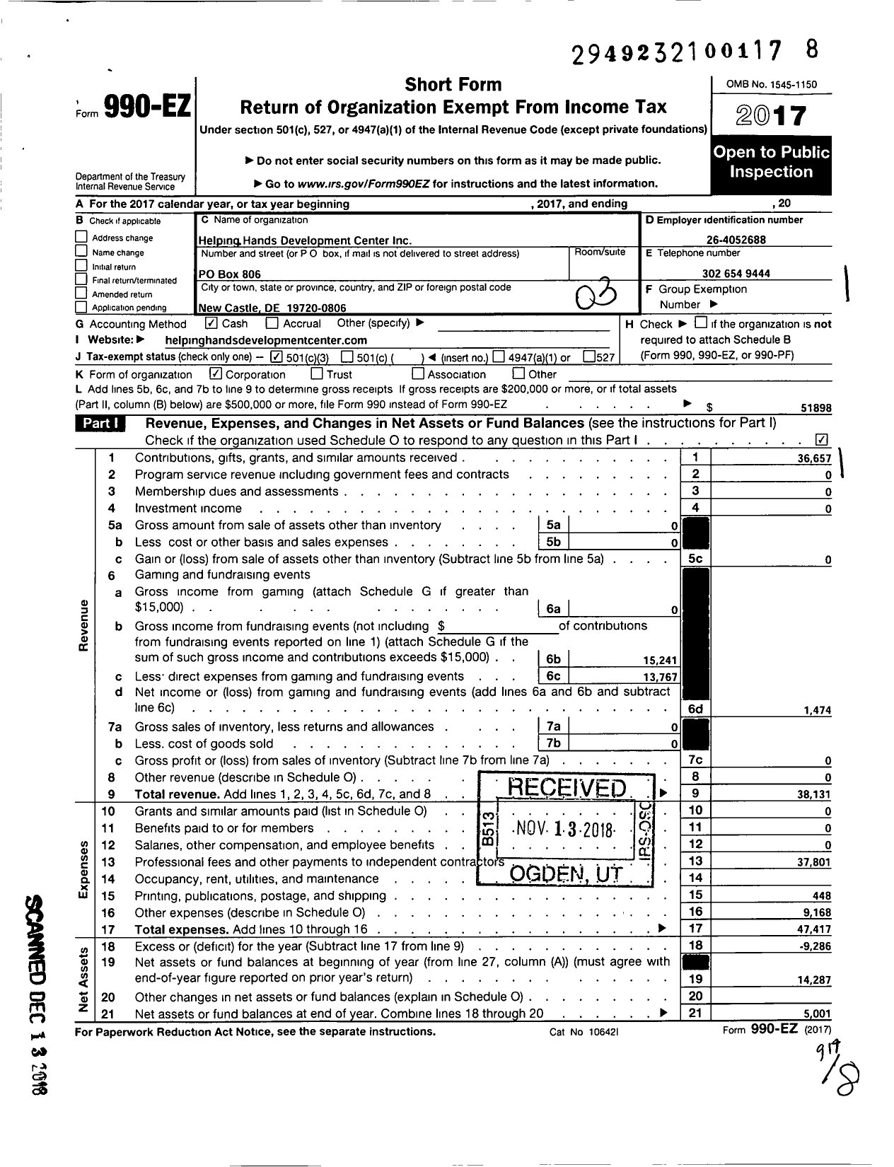 Image of first page of 2017 Form 990EZ for Helping Hands Development Center