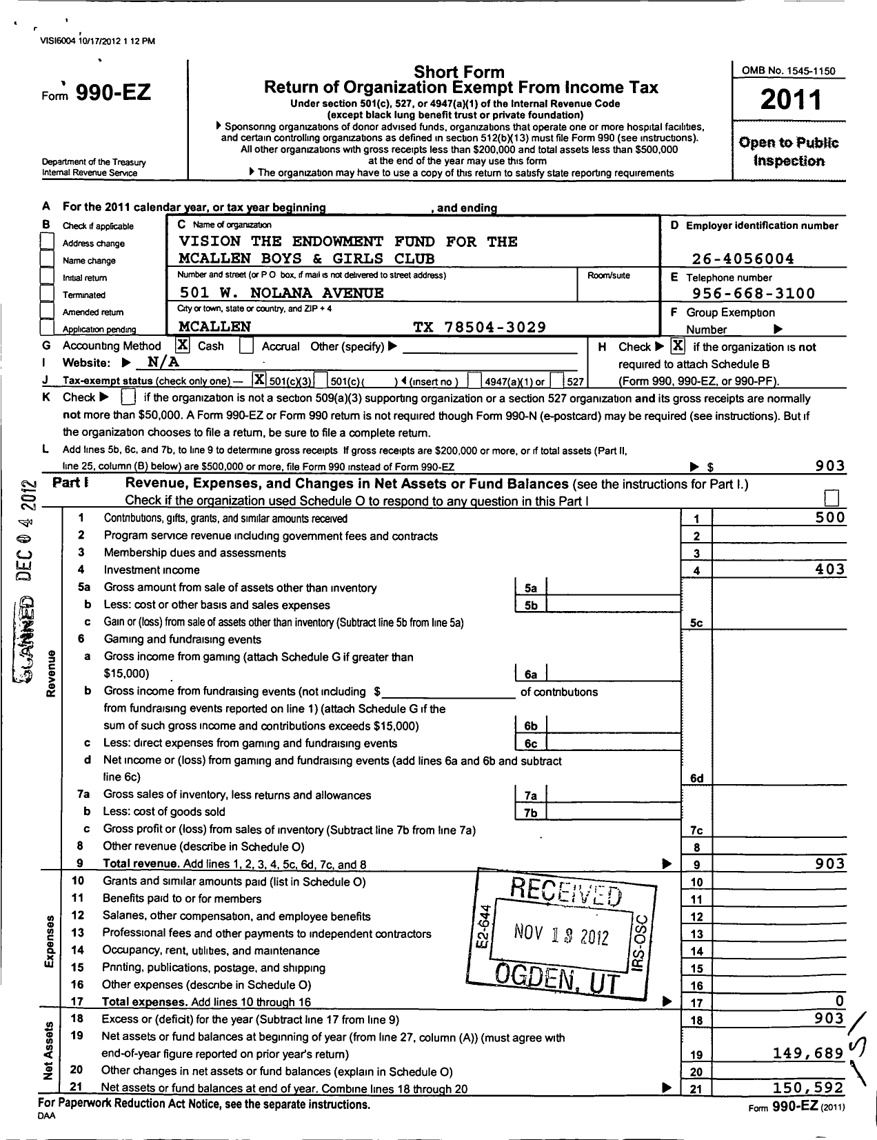 Image of first page of 2011 Form 990EZ for Vision the Endowment Fund for the Mcallen Boys and Girls Club