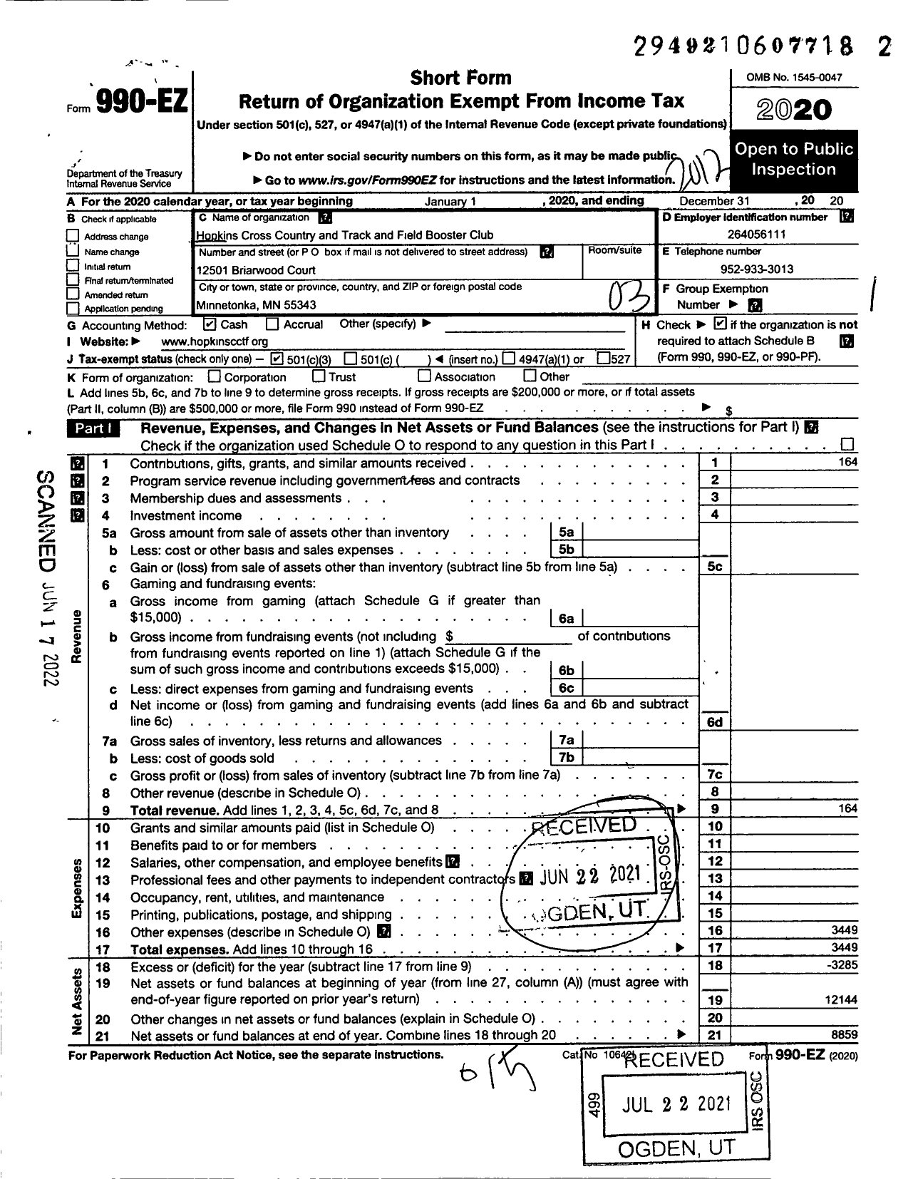 Image of first page of 2020 Form 990EZ for Hopkins Cross Country and Track and Field Booster Club