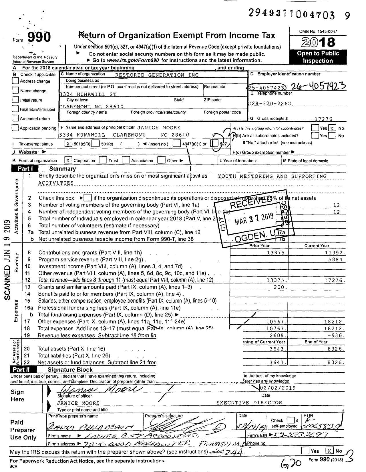 Image of first page of 2018 Form 990 for Restored Generation