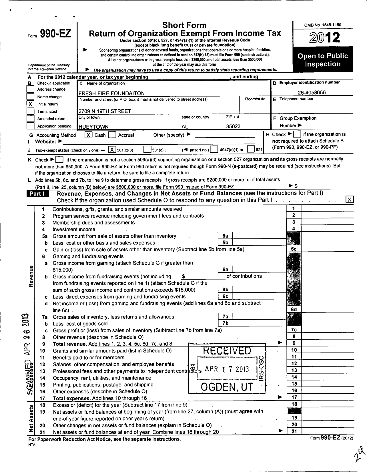 Image of first page of 2012 Form 990EZ for Fresh Fire Foundation