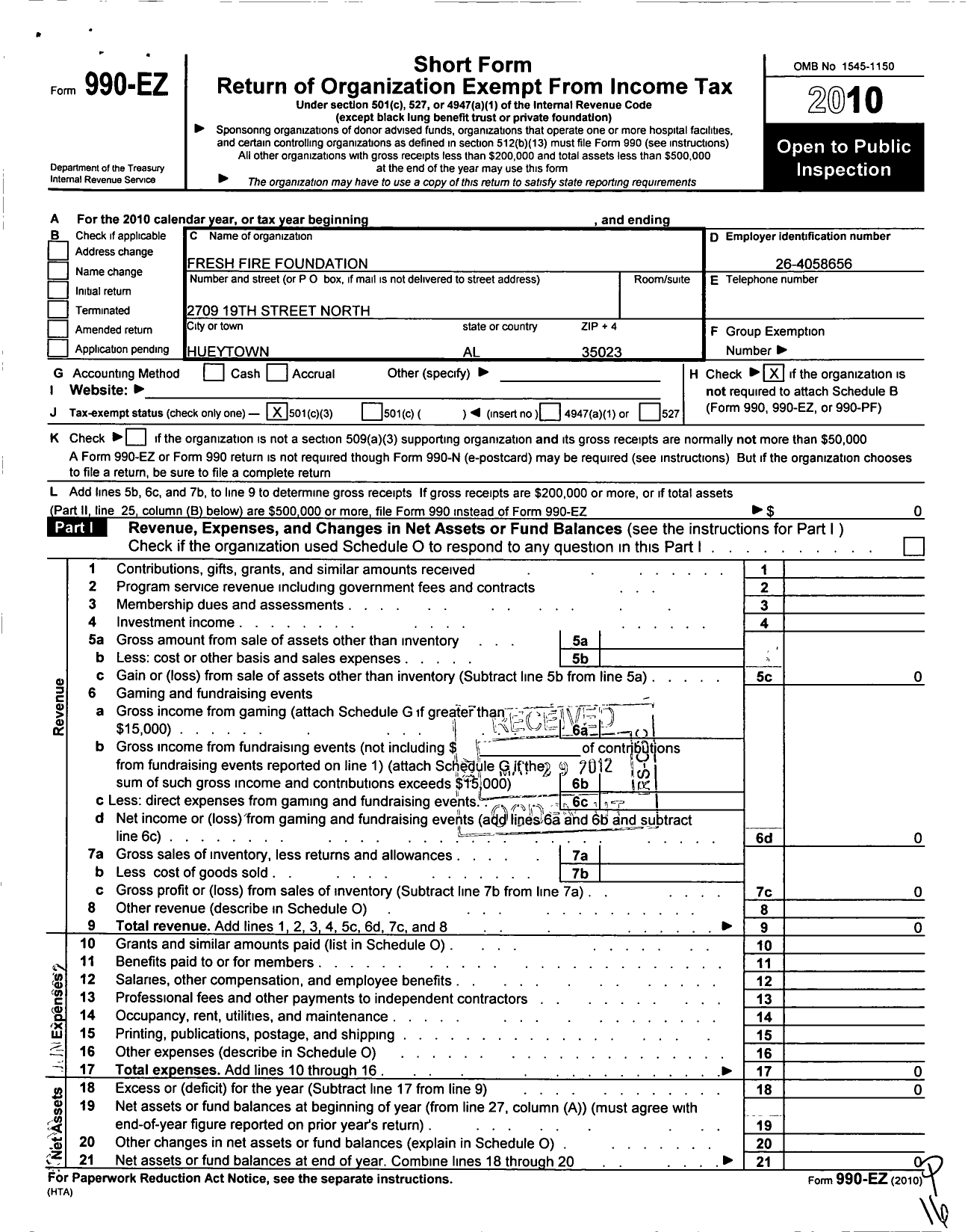 Image of first page of 2010 Form 990EZ for Fresh Fire Foundation