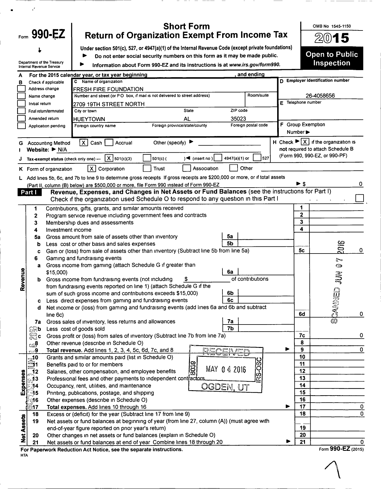 Image of first page of 2015 Form 990EZ for Fresh Fire Foundation