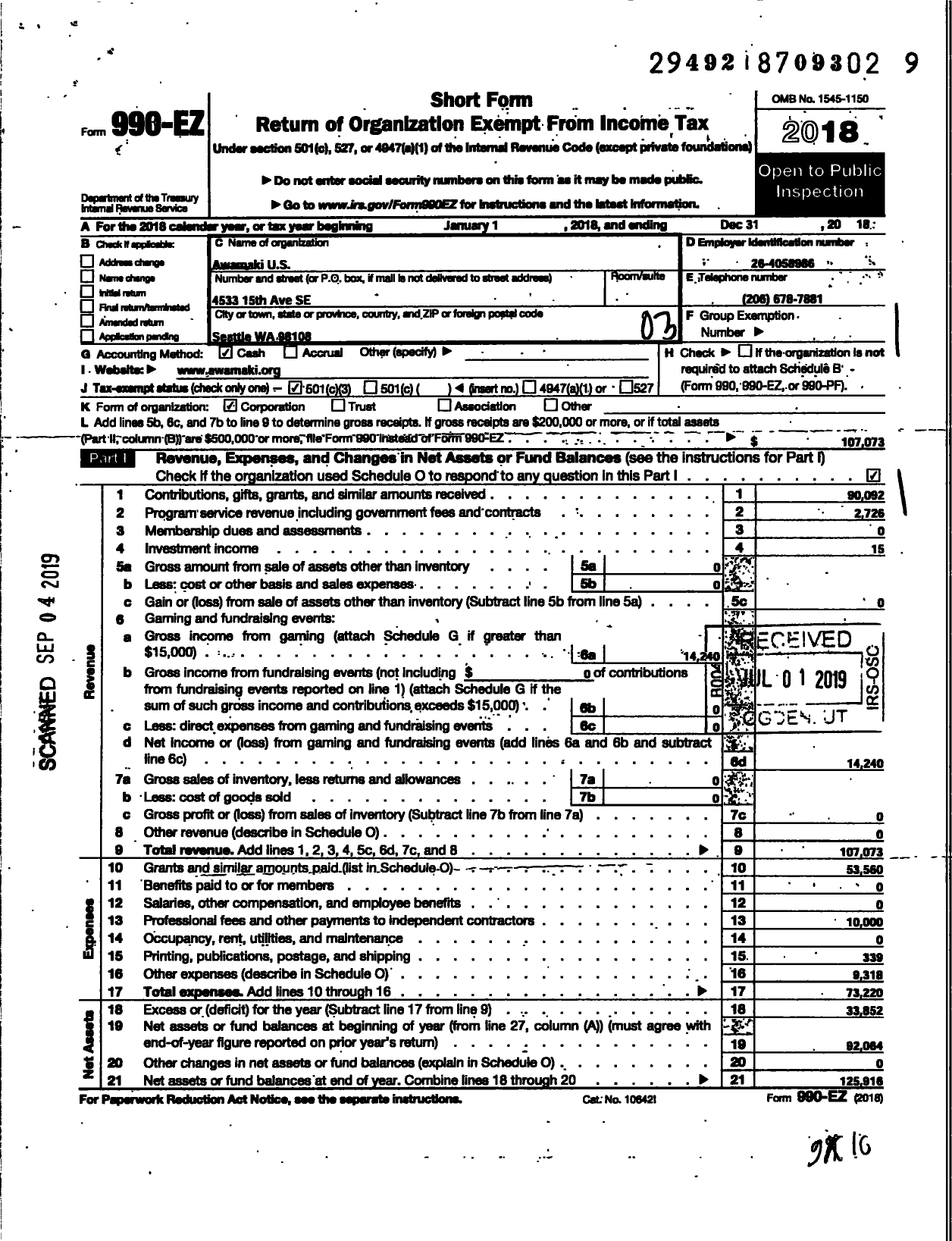 Image of first page of 2018 Form 990EZ for Awamaki Us