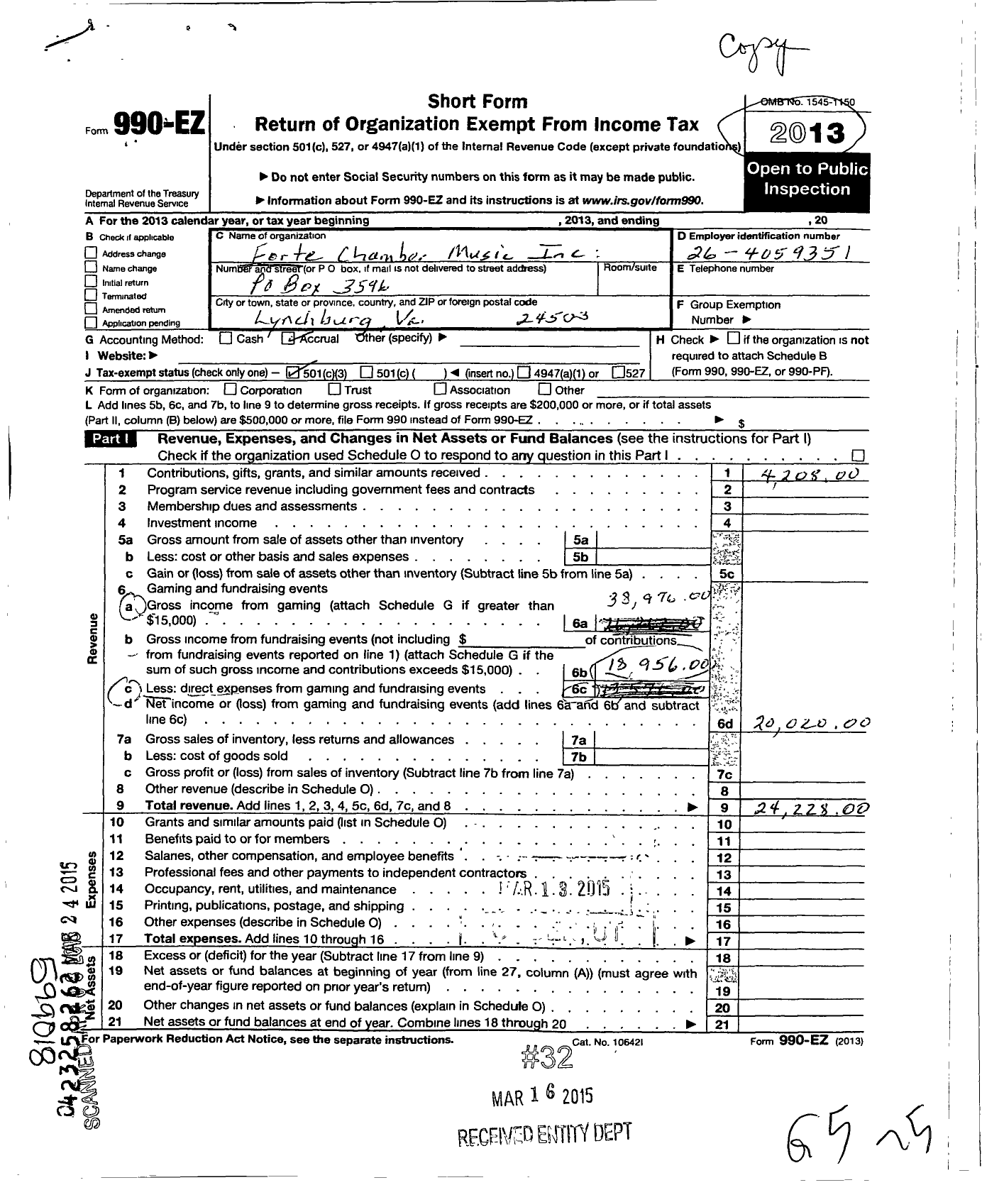 Image of first page of 2013 Form 990EZ for Forte Chamber Music