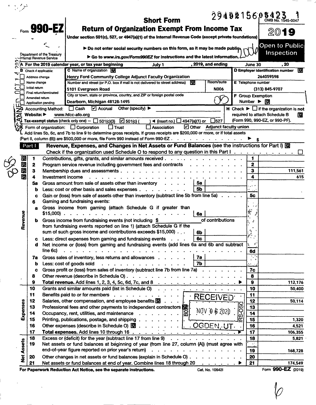 Image of first page of 2019 Form 990EO for AMERICAN FEDERATION OF TEACHERS - 0337 Henry Ford Community College A