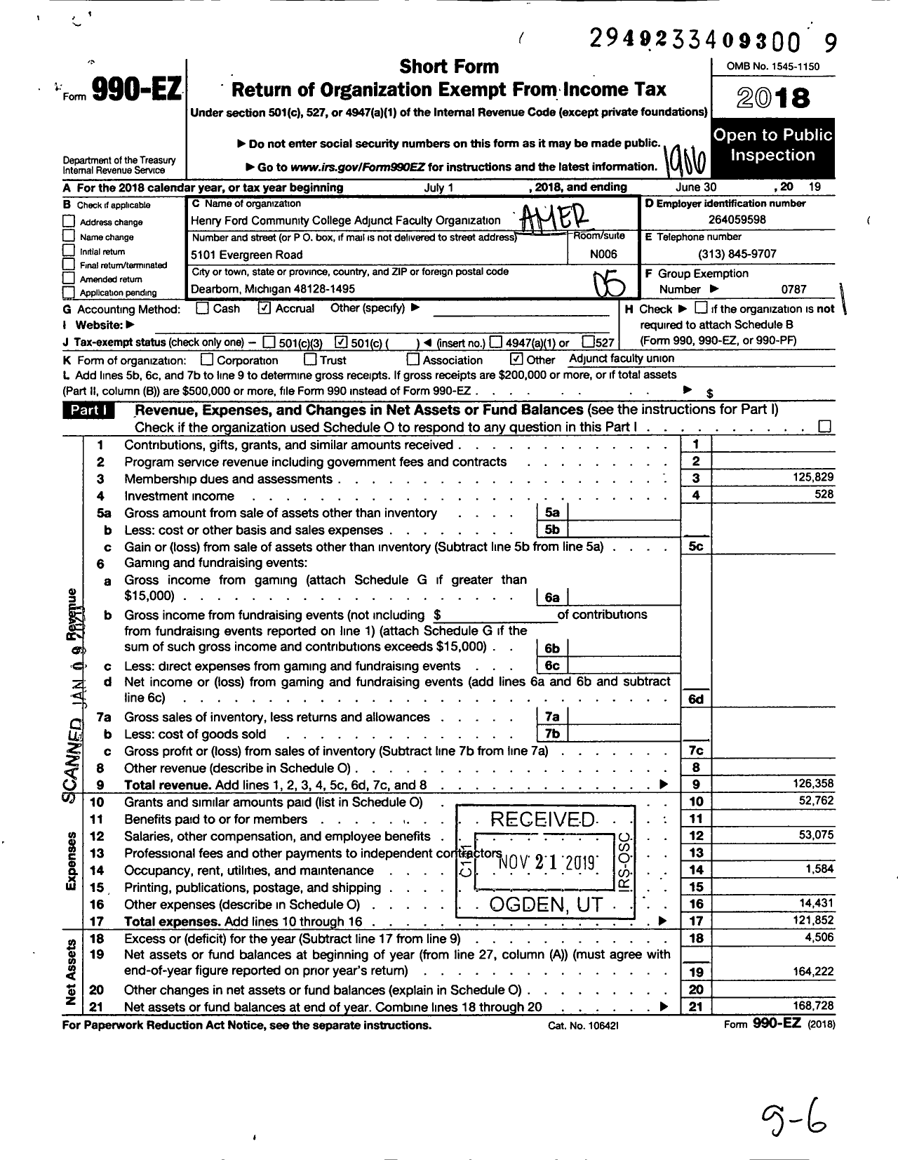 Image of first page of 2018 Form 990EO for AMERICAN FEDERATION OF TEACHERS - 0337 Henry Ford Community College A