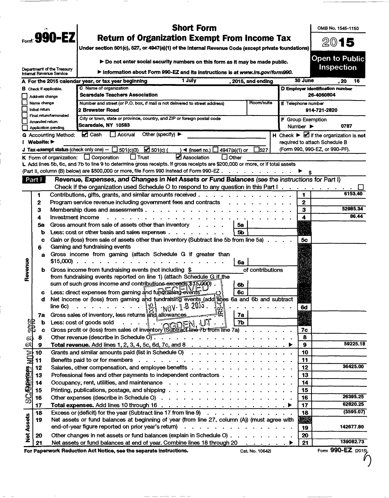 Image of first page of 2015 Form 990EO for American Federation of Teachers - 2989 Scardsale Teachers Association