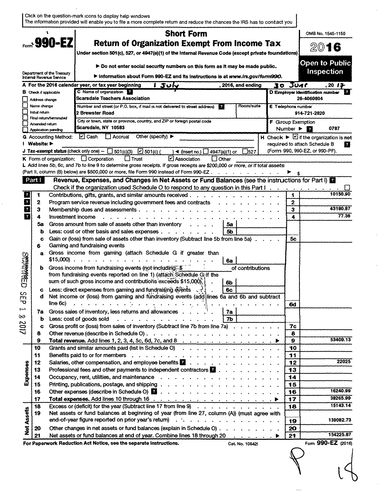 Image of first page of 2016 Form 990EO for American Federation of Teachers - 2989 Scardsale Teachers Association