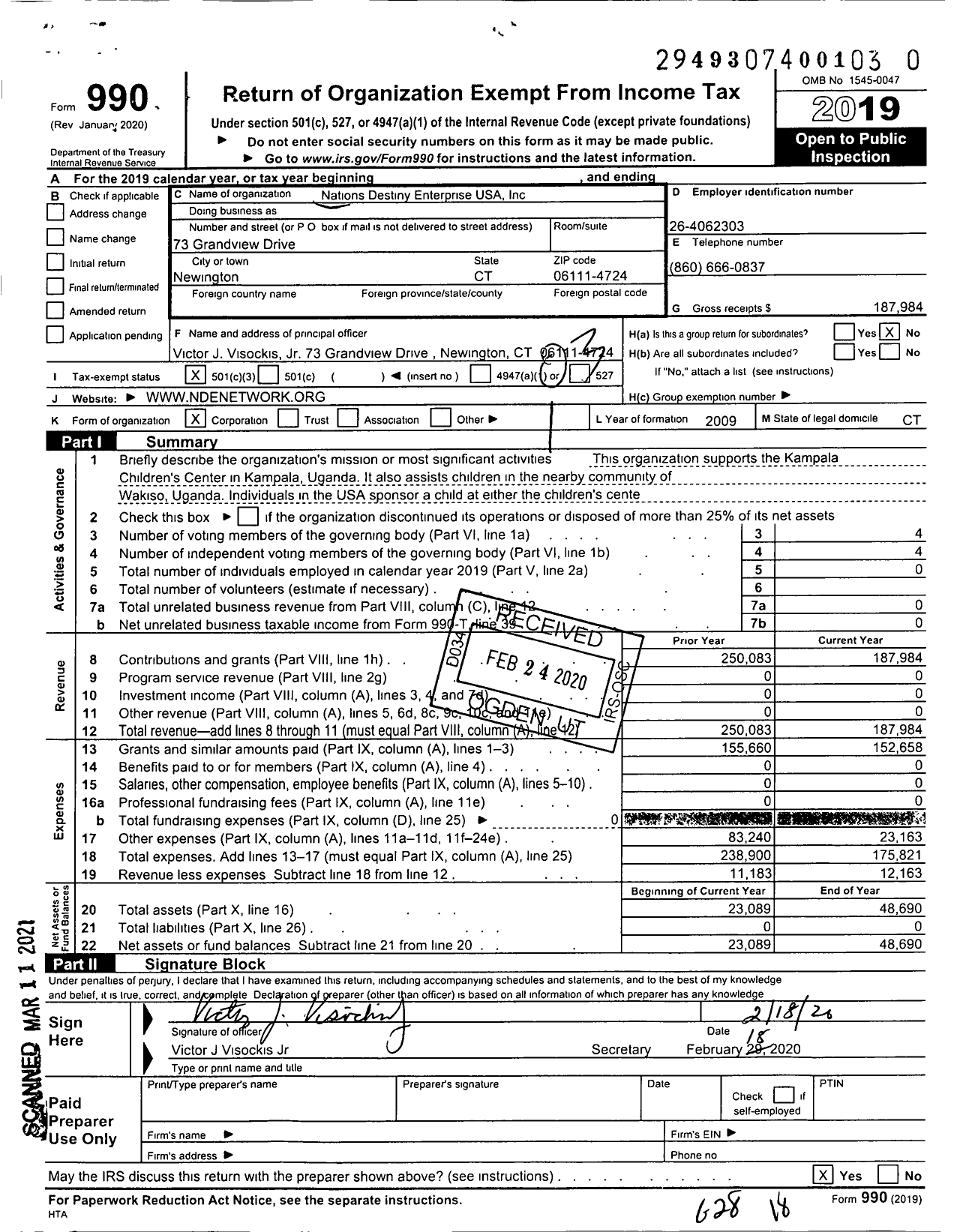 Image of first page of 2019 Form 990 for Nations Destiny Enterprise USA