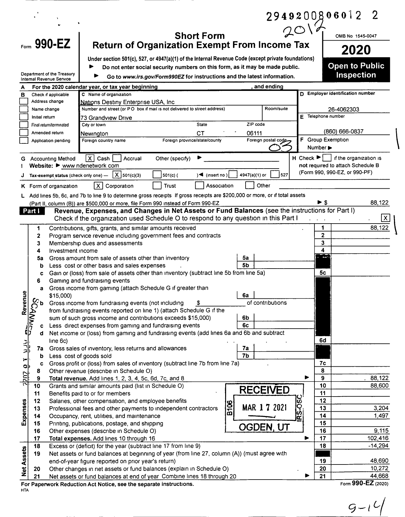 Image of first page of 2020 Form 990EZ for Nations Destiny Enterprise USA