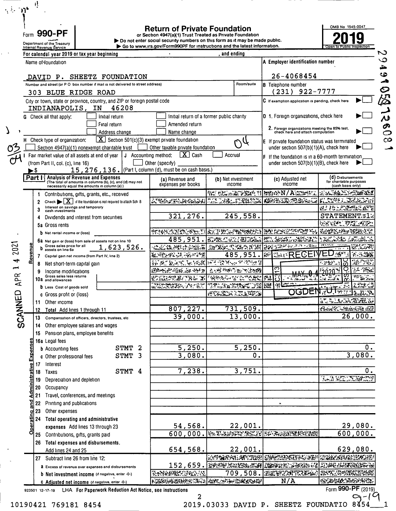 Image of first page of 2019 Form 990PF for David P Sheetz Foundation