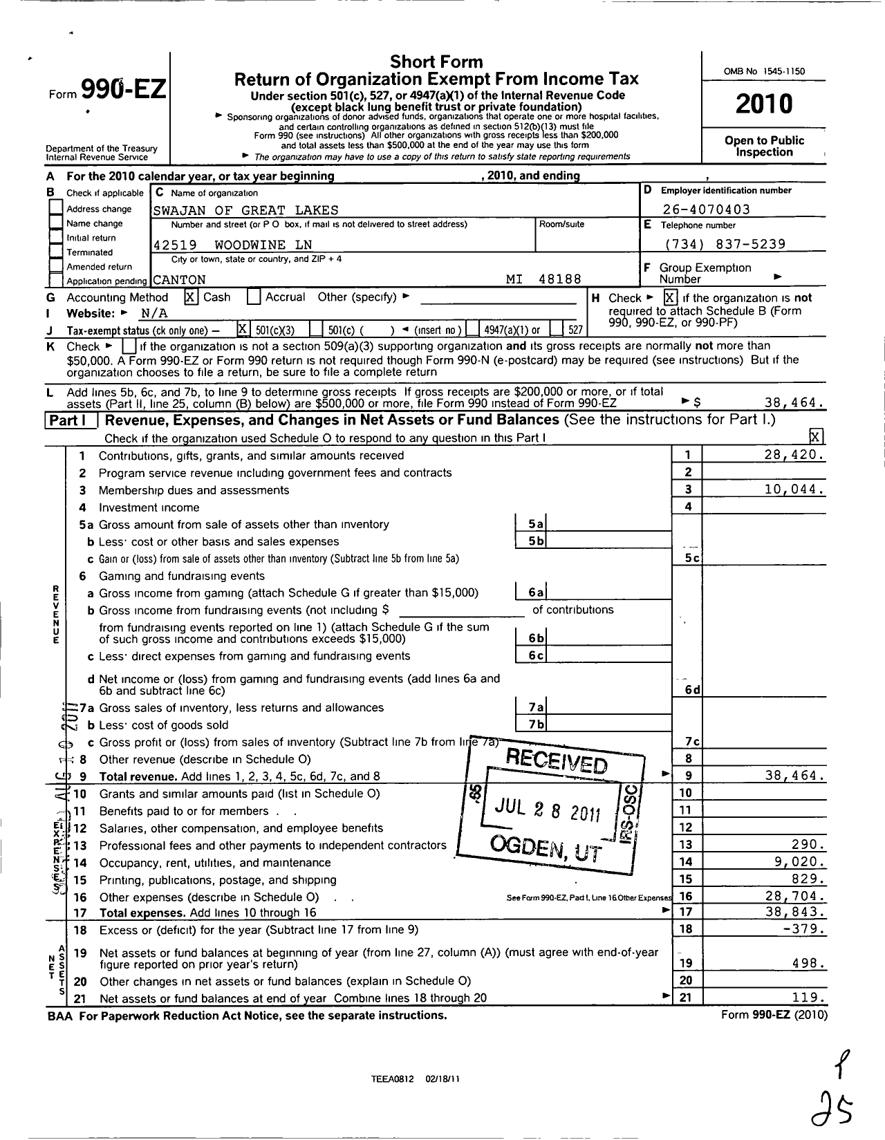 Image of first page of 2010 Form 990EZ for Swajan of Great Lakes