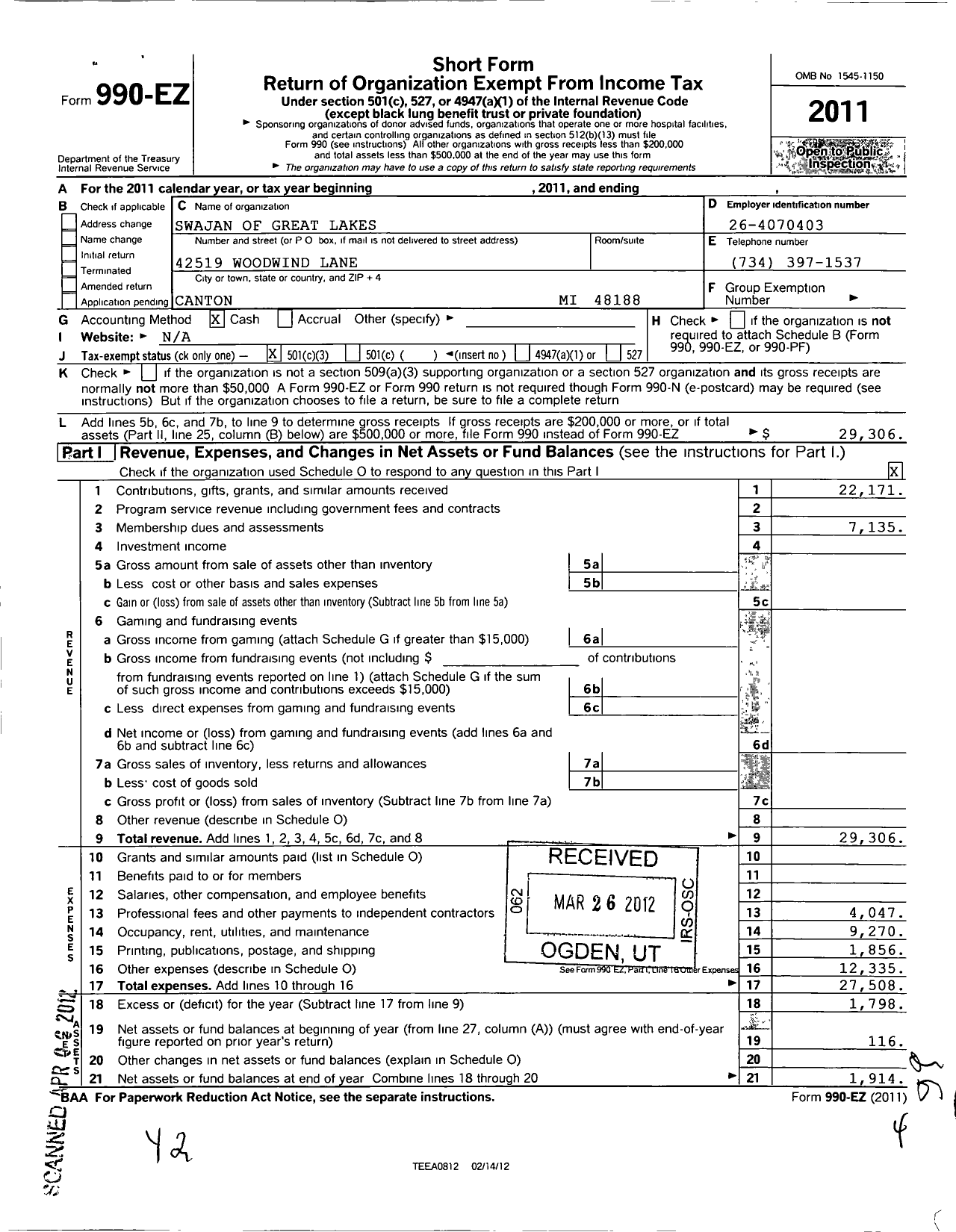 Image of first page of 2011 Form 990EZ for Swajan of Great Lakes