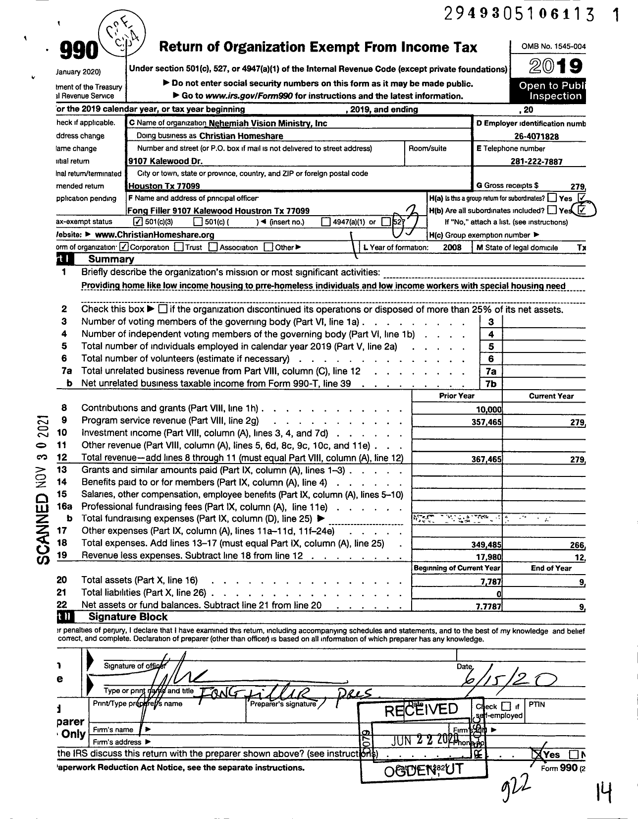 Image of first page of 2019 Form 990 for Christian Homeshare Ministry