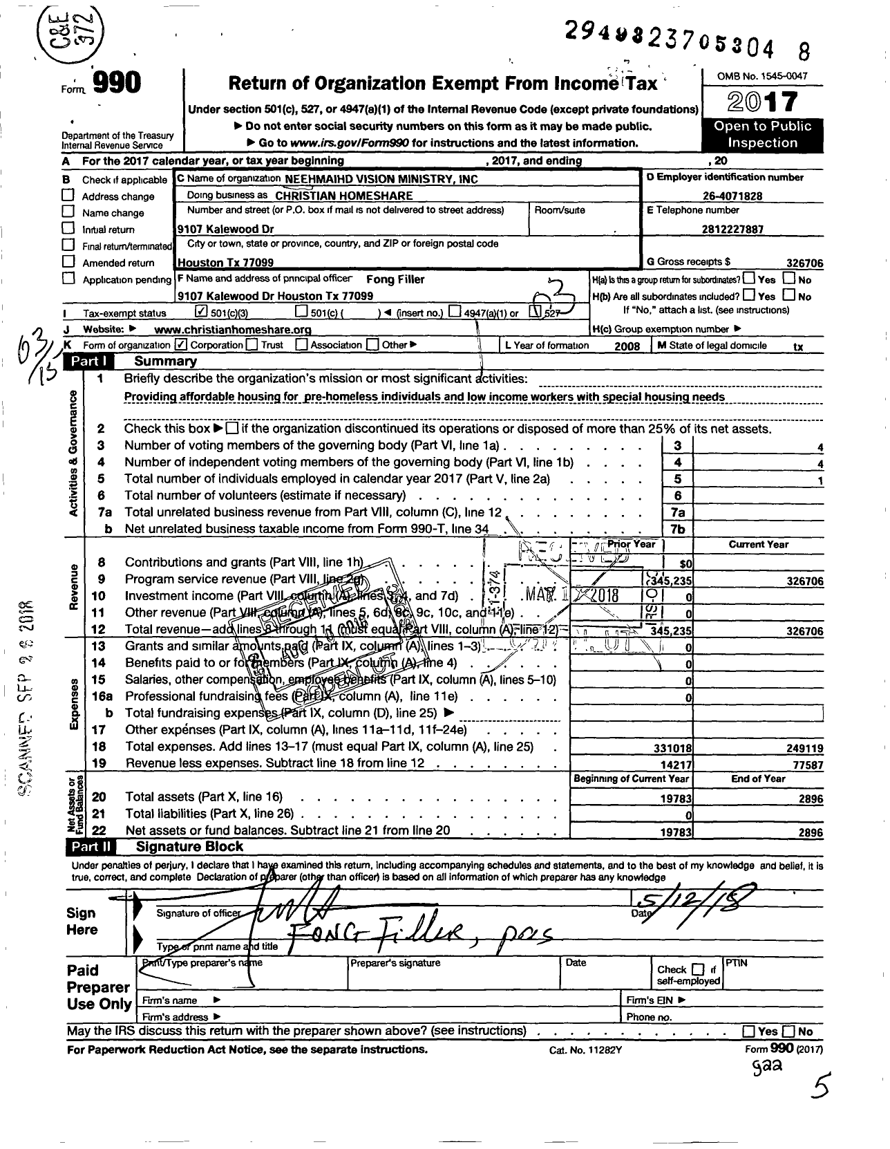 Image of first page of 2017 Form 990 for Christian Homeshare Ministry