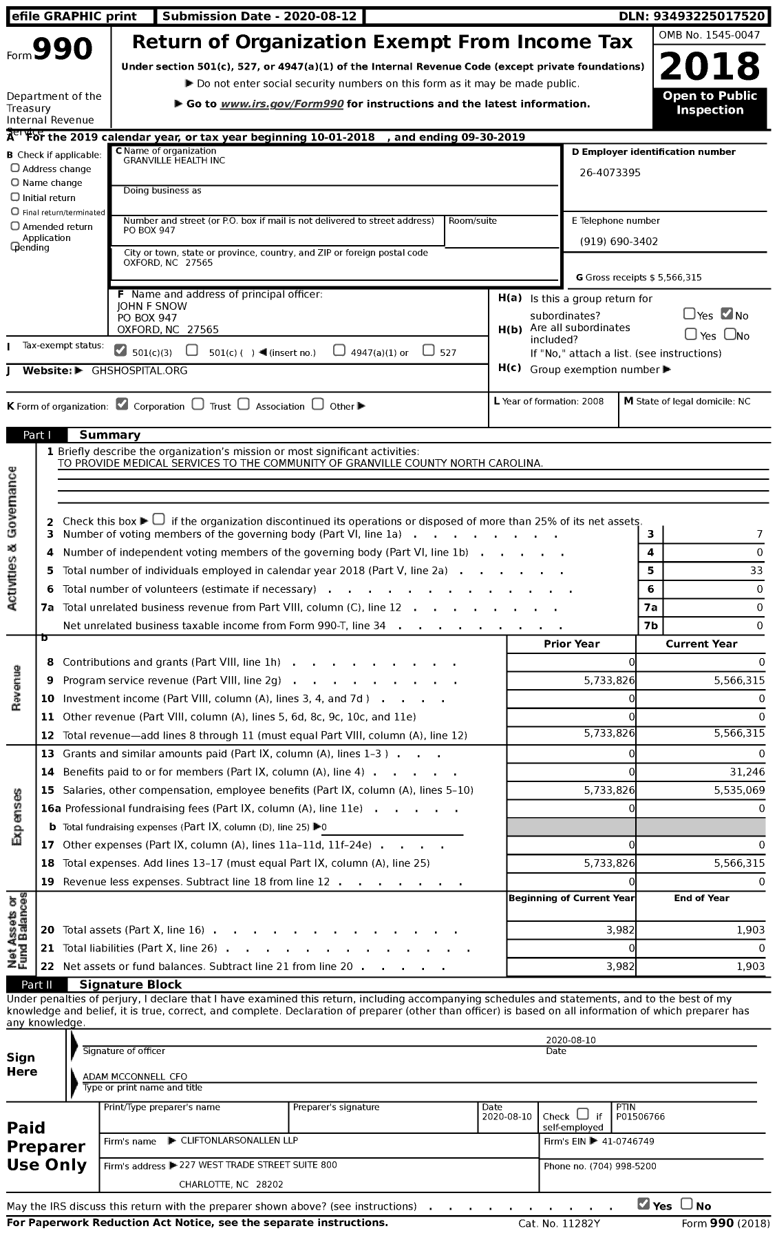 Image of first page of 2018 Form 990 for Granville Health