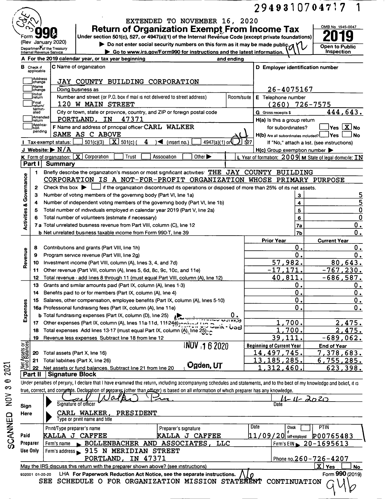 Image of first page of 2019 Form 990O for Jay County Building Corporation