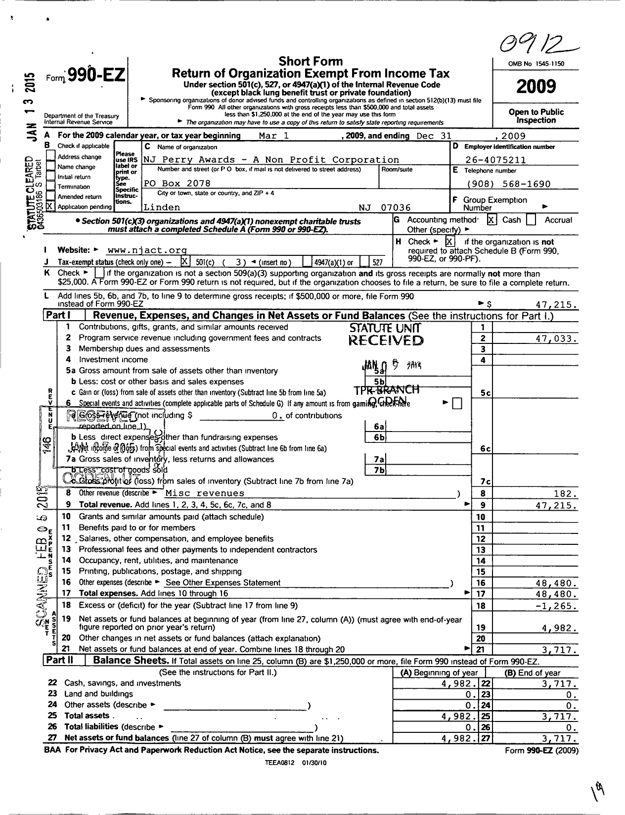 Image of first page of 2009 Form 990EZ for NJ Perry Awards