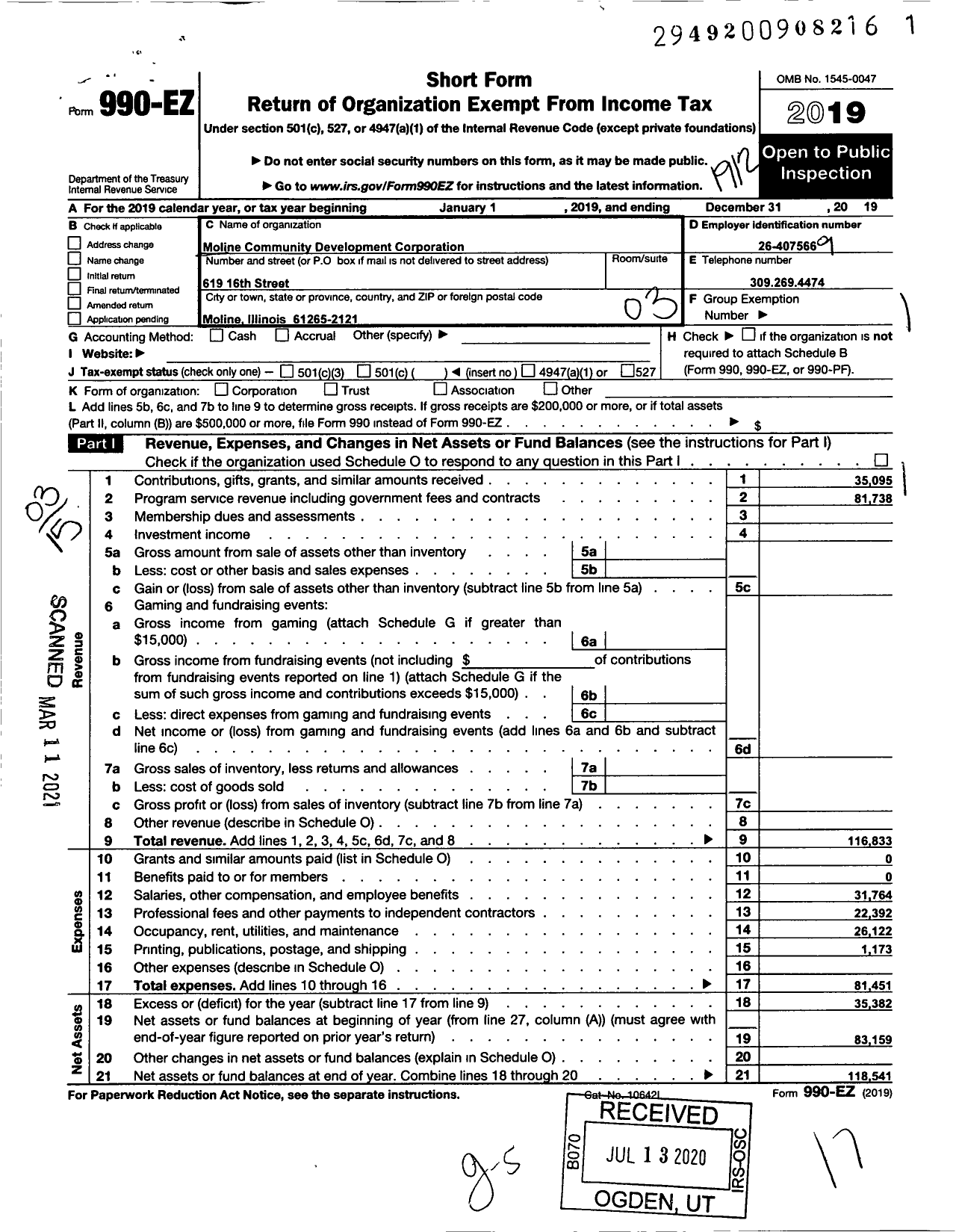 Image of first page of 2019 Form 990EZ for Moline Community Development Corporation