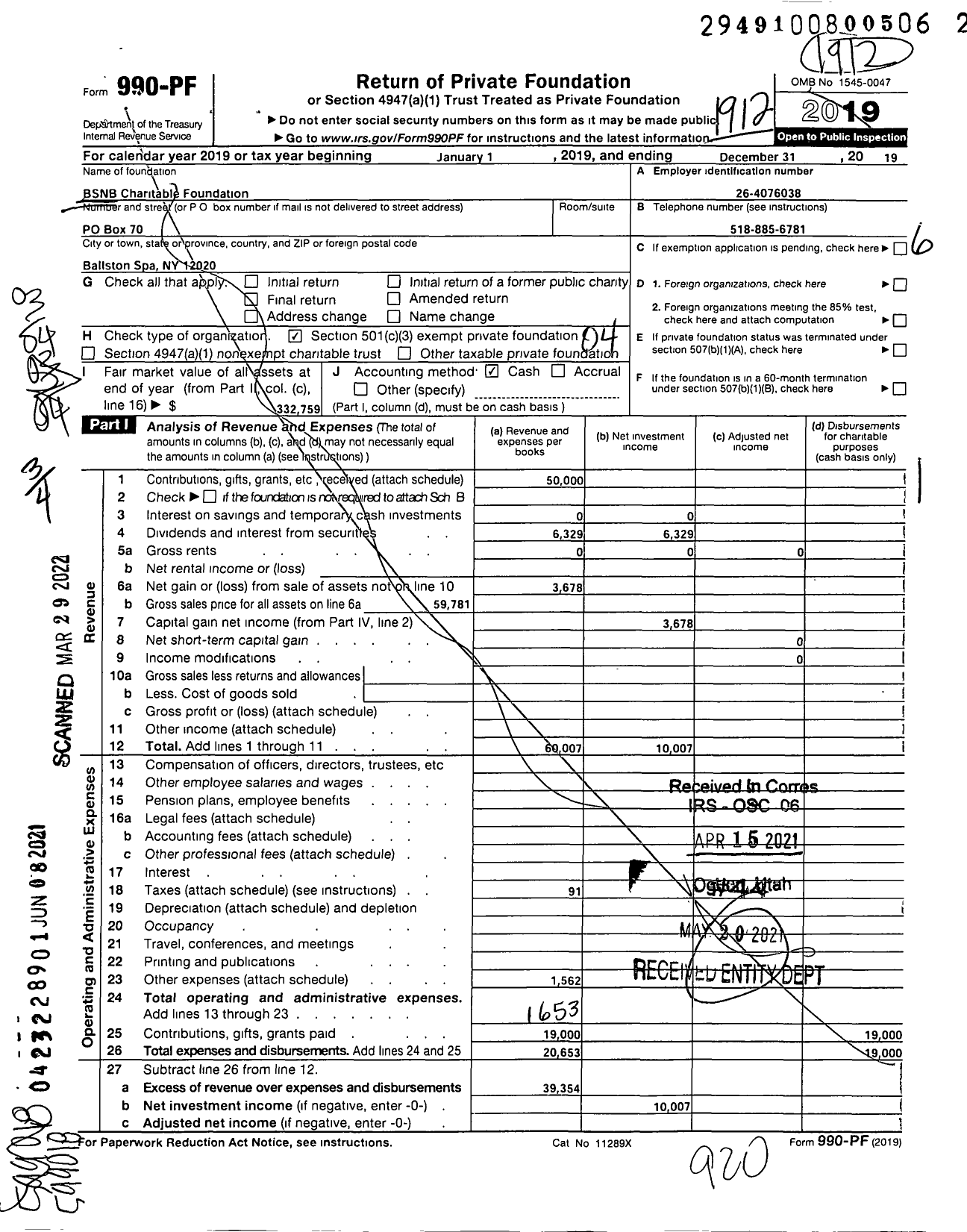 Image of first page of 2019 Form 990PF for BSNB Charitable Foundation