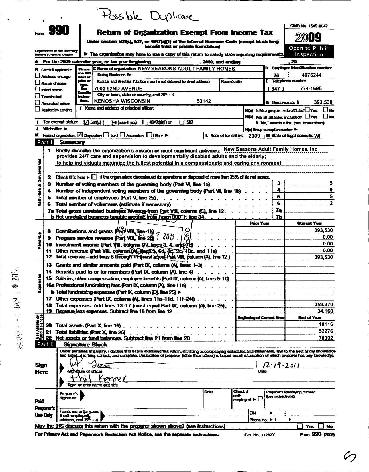 Image of first page of 2009 Form 990O for New Seasons